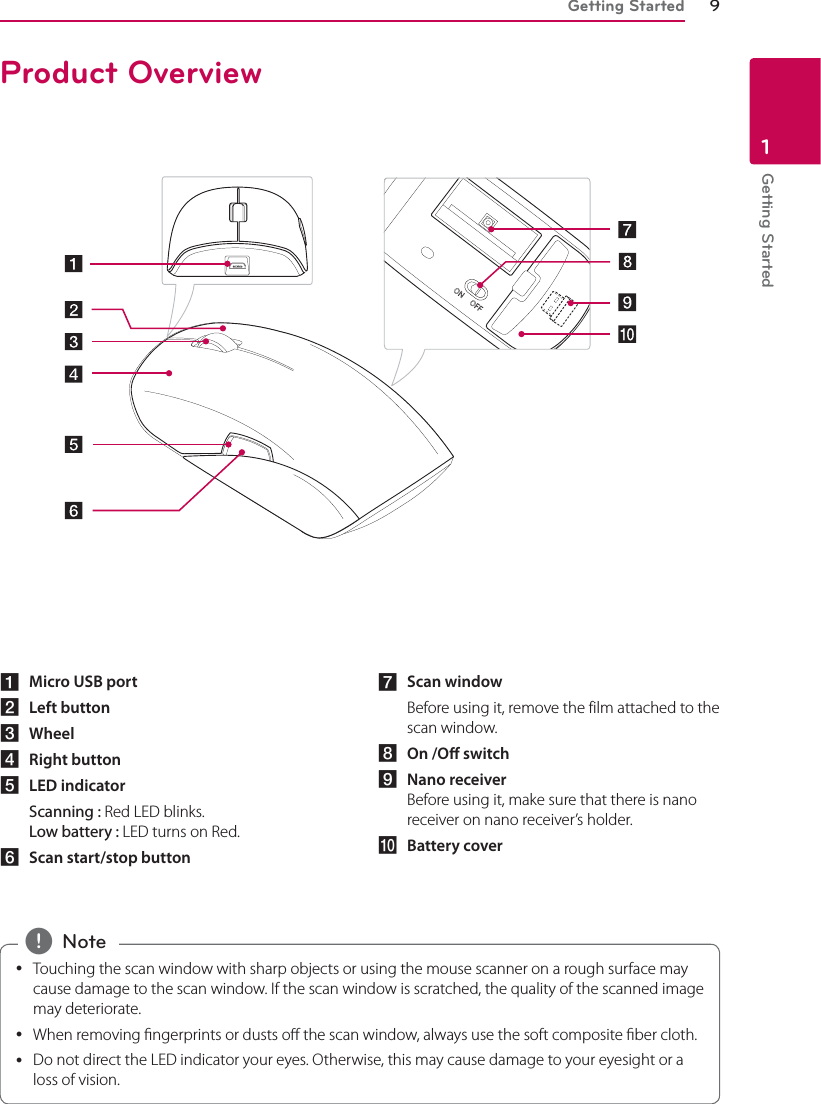 Getting Started 9Getting Started1 yTouching the scan window with sharp objects or using the mouse scanner on a rough surface may cause damage to the scan window. If the scan window is scratched, the quality of the scanned image may deteriorate. yWhen removing ngerprints or dusts o the scan window, always use the soft composite ber cloth. yDo not direct the LED indicator your eyes. Otherwise, this may cause damage to your eyesight or a loss of vision. , NoteProduct Overviewa Micro USB port  b Left button  c Wheeld Right button  e LED indicator Scanning : Red LED blinks. Low battery : LED turns on Red.f Scan start/stop buttong Scan window  Before using it, remove the film attached to the scan window.h On /O switchi Nano receiver Before using it, make sure that there is nano receiver on nano receiver’s holder.j Battery cover
