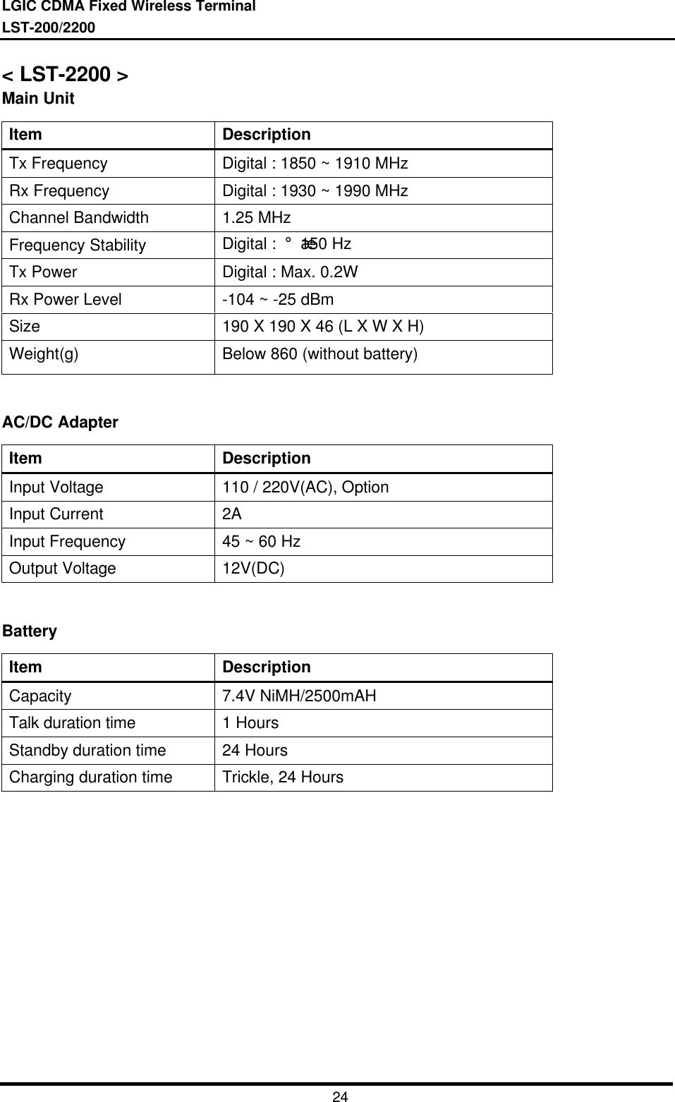 LGIC CDMA Fixed Wireless TerminalLST-200/220024&lt; LST-2200 &gt;Main UnitItem DescriptionTx Frequency Digital : 1850 ~ 1910 MHzRx Frequency Digital : 1930 ~ 1990 MHzChannel Bandwidth 1.25 MHzFrequency Stability Digital : ¡¾150 HzTx Power Digital : Max. 0.2WRx Power Level -104 ~ -25 dBmSize 190 X 190 X 46 (L X W X H)Weight(g) Below 860 (without battery)AC/DC AdapterItem DescriptionInput Voltage 110 / 220V(AC), OptionInput Current 2AInput Frequency 45 ~ 60 HzOutput Voltage 12V(DC)BatteryItem DescriptionCapacity 7.4V NiMH/2500mAHTalk duration time 1 HoursStandby duration time 24 HoursCharging duration time Trickle, 24 Hours