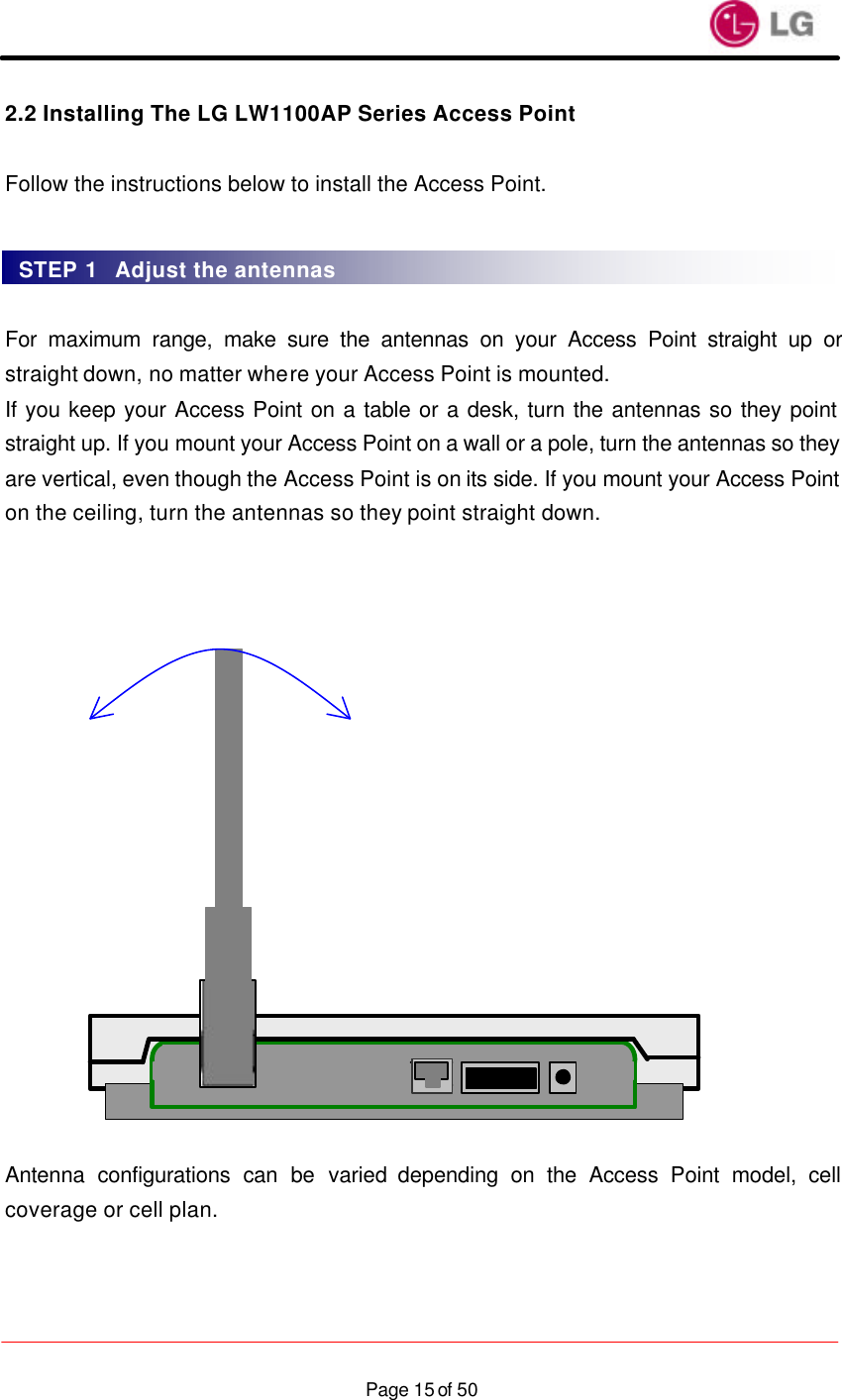                    Page 15 of 502.2 Installing The LG LW1100AP Series Access Point  Follow the instructions below to install the Access Point.   For maximum range, make sure the antennas on your Access Point straight up or straight down, no matter where your Access Point is mounted. If you keep your Access Point on a table or a desk, turn the antennas so they point straight up. If you mount your Access Point on a wall or a pole, turn the antennas so they are vertical, even though the Access Point is on its side. If you mount your Access Point on the ceiling, turn the antennas so they point straight down.                   Antenna configurations can be varied depending on the Access Point model, cell coverage or cell plan. STEP 1  Adjust the antennas 