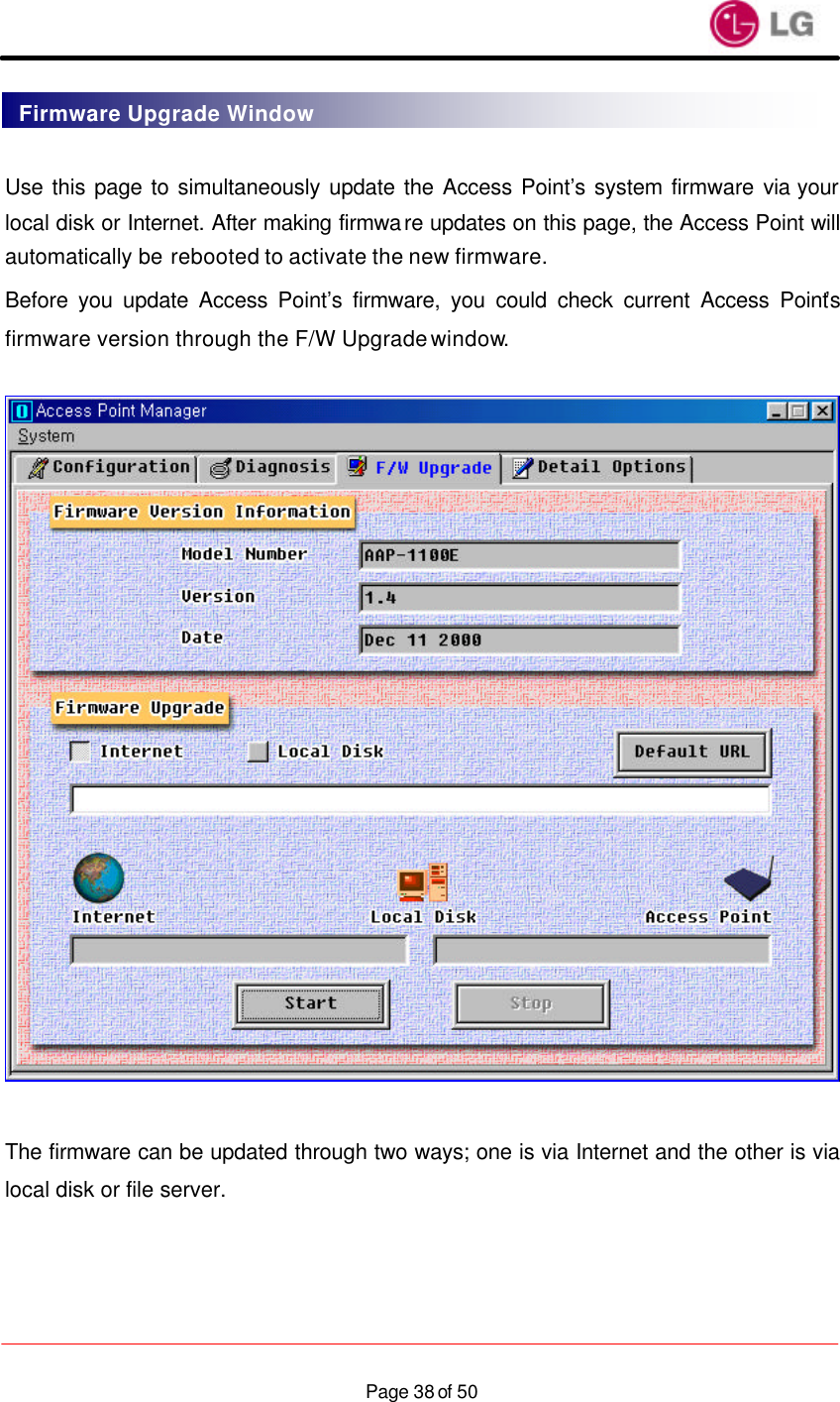                    Page 38 of 50 Use this page to simultaneously update the Access Point’s system firmware via your local disk or Internet. After making firmware updates on this page, the Access Point will automatically be rebooted to activate the new firmware. Before you update Access Point’s firmware, you could check current Access Point’s firmware version through the F/W Upgrade window.    The firmware can be updated through two ways; one is via Internet and the other is via local disk or file server. Firmware Upgrade Window 