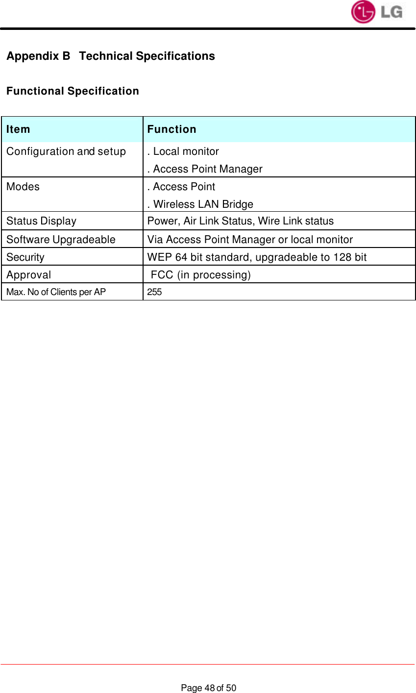                    Page 48 of 50Appendix B Technical Specifications  Functional Specification  Item Function Configuration and setup . Local monitor . Access Point Manager Modes . Access Point . Wireless LAN Bridge Status Display Power, Air Link Status, Wire Link status Software Upgradeable Via Access Point Manager or local monitor Security WEP 64 bit standard, upgradeable to 128 bit Approval  FCC (in processing) Max. No of Clients per AP  255   