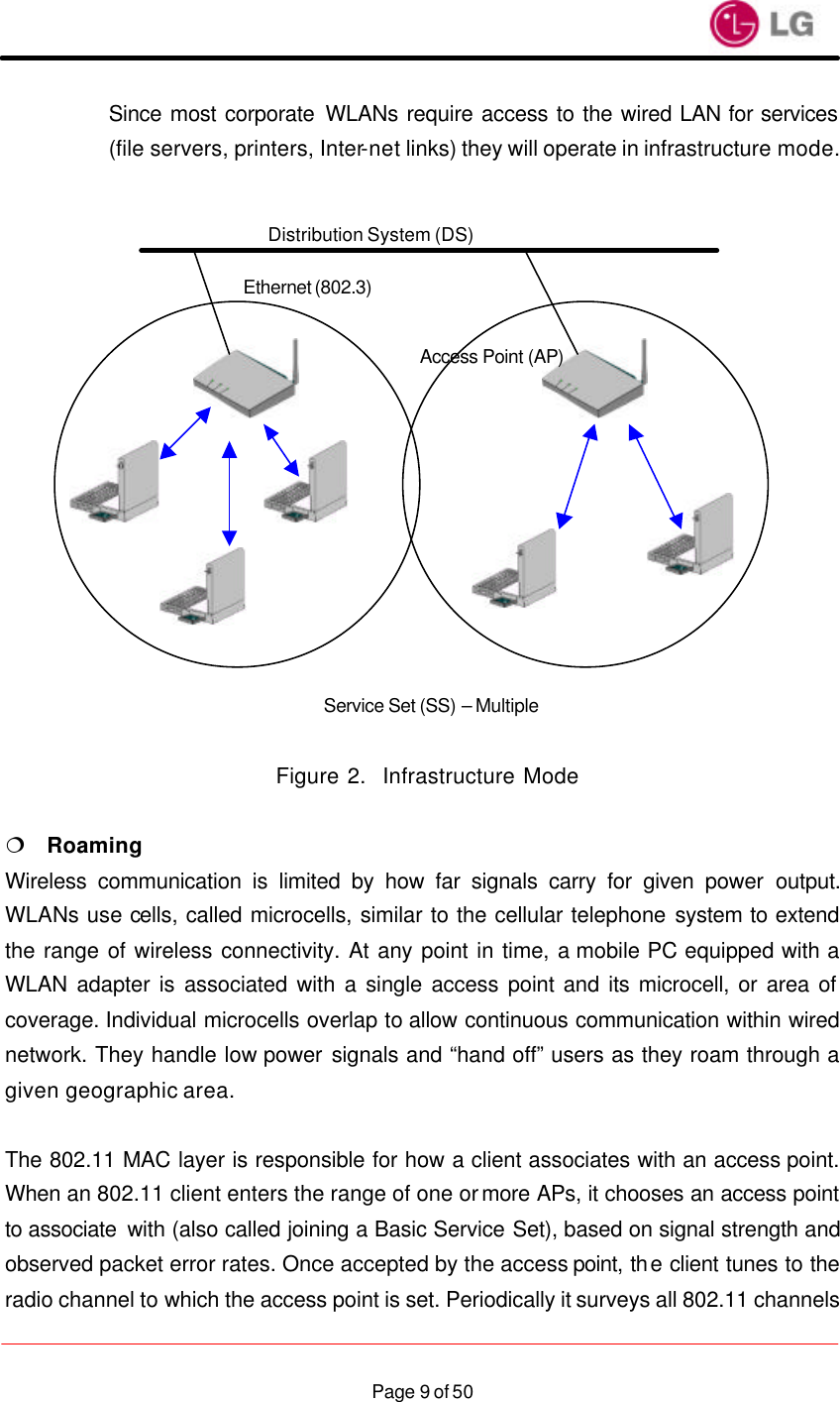                    Page 9 of 50Since most corporate WLANs require access to the wired LAN for services (file servers, printers, Inter-net links) they will operate in infrastructure mode.                  Figure 2.  Infrastructure Mode  ¦  Roaming Wireless communication is limited by how far signals carry for given power output. WLANs use cells, called microcells, similar to the cellular telephone system to extend the range of wireless connectivity. At any point in time, a mobile PC equipped with a WLAN adapter is associated with a single access point and its microcell, or area of coverage. Individual microcells overlap to allow continuous communication within wired network. They handle low power signals and “hand off” users as they roam through a given geographic area.  The 802.11 MAC layer is responsible for how a client associates with an access point. When an 802.11 client enters the range of one or more APs, it chooses an access point to associate  with (also called joining a Basic Service Set), based on signal strength and observed packet error rates. Once accepted by the access point, the client tunes to the radio channel to which the access point is set. Periodically it surveys all 802.11 channels Distribution System (DS) Service Set (SS) – Multiple Access Point (AP) Ethernet (802.3) 