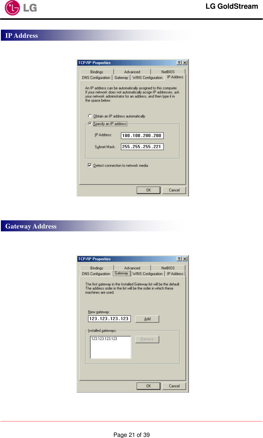     LG GoldStream  Page 21 of 39         IP Address Gateway Address 