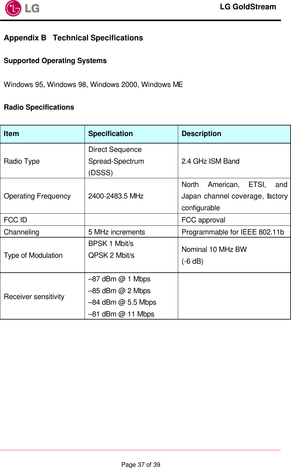     LG GoldStream  Page 37 of 39Appendix B Technical Specifications  Supported Operating Systems  Windows 95, Windows 98, Windows 2000, Windows ME  Radio Specifications  Item Specification DescriptionRadio Type Direct Sequence Spread-Spectrum (DSSS) 2.4 GHz ISM Band Operating Frequency 2400-2483.5 MHz North American, ETSI, and Japan channel coverage, factory configurable FCC ID    FCC approval Channeling 5 MHz increments Programmable for IEEE 802.11b Type of Modulation BPSK 1 Mbit/s QPSK 2 Mbit/s Nominal 10 MHz BW (-6 dB) Receiver sensitivity –87 dBm @ 1 Mbps –85 dBm @ 2 Mbps –84 dBm @ 5.5 Mbps –81 dBm @ 11 Mbps    