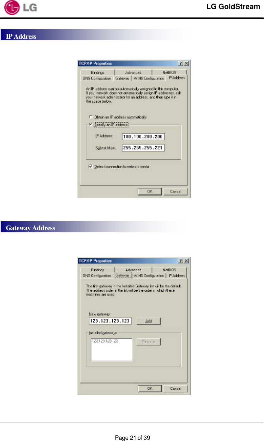     LG GoldStream  Page 21 of 39         IP Address Gateway Address 