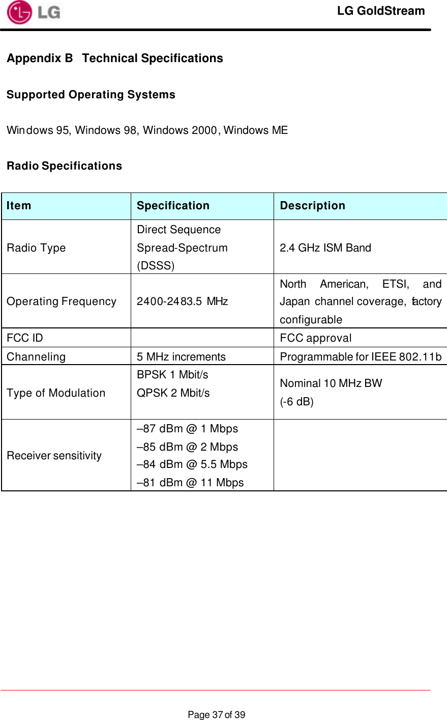     LG GoldStream  Page 37 of 39Appendix B Technical Specifications  Supported Operating Systems  Windows 95, Windows 98, Windows 2000, Windows ME  Radio Specifications  Item Specification DescriptionRadio Type Direct Sequence Spread-Spectrum (DSSS) 2.4 GHz ISM Band Operating Frequency 2400-2483.5 MHz North American, ETSI, and Japan channel coverage, factory configurable FCC ID    FCC approval Channeling 5 MHz increments Programmable for IEEE 802.11b Type of Modulation BPSK 1 Mbit/s QPSK 2 Mbit/s Nominal 10 MHz BW (-6 dB) Receiver sensitivity –87 dBm @ 1 Mbps –85 dBm @ 2 Mbps –84 dBm @ 5.5 Mbps –81 dBm @ 11 Mbps    