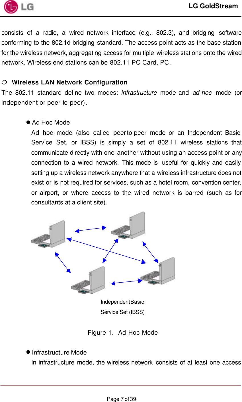     LG GoldStream  Page 7 of 39consists of a radio, a wired network interface (e.g., 802.3), and bridging software conforming to the 802.1d bridging standard. The access point acts as the base station for the wireless network, aggregating access for multiple wireless stations onto the wired network. Wireless end stations can be 802.11 PC Card, PCI.  ¦  Wireless LAN Network Configuration The 802.11 standard define two modes: infrastructure  mode and ad hoc  mode (or independent or peer-to-peer).  l Ad Hoc Mode Ad hoc mode (also called peer-to-peer mode or an Independent Basic Service Set, or IBSS) is simply a set of 802.11 wireless stations that communicate directly with one another without using an access point or any connection to a wired network. This mode is  useful for quickly and easily setting up a wireless network anywhere that a wireless infrastructure does not exist or is not required for services, such as a hotel room, convention center, or airport, or where access to the wired network is barred (such as for consultants at a client site).             Figure 1.  Ad Hoc Mode  l Infrastructure Mode In infrastructure mode, the wireless network consists of at least one access Independent Basic Service Set (IBSS)