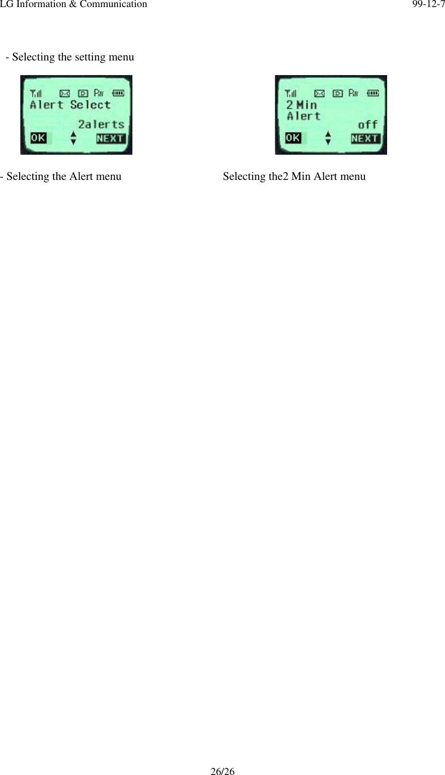 LG Information &amp; Communication 99-12-726/26 - Selecting the setting menu   - Selecting the Alert menu  Selecting the2 Min Alert menu