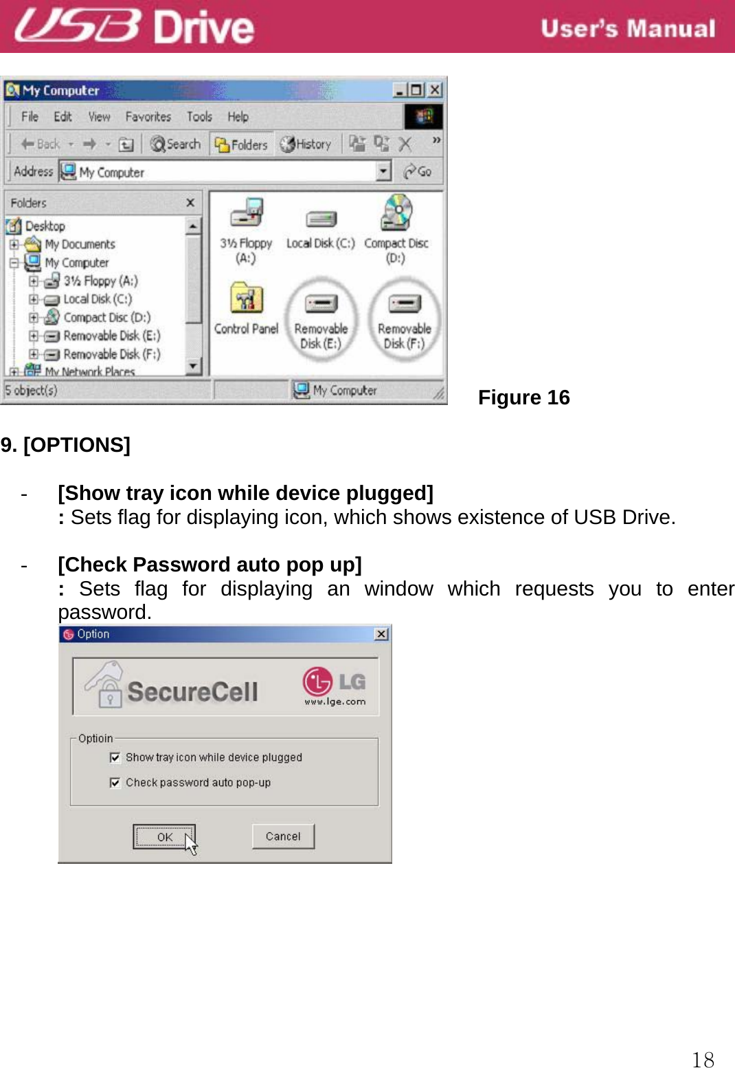  18     Figure 16  9. [OPTIONS]  - [Show tray icon while device plugged] : Sets flag for displaying icon, which shows existence of USB Drive.  - [Check Password auto pop up] :  Sets flag for displaying an window which requests you to enter password.       