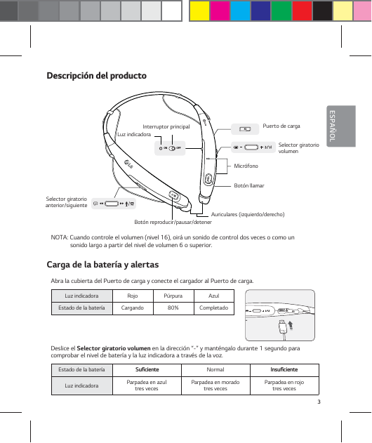 3ESPA&Ntilde;OL%FTDSJQDJ&sup2;OEFMQSPEVDUPON OFF NOTA: Cuando controle el volumen (nivel 16), oir&aacute; un sonido de control dos veces o como un sonido largo a partir del nivel de volumen 6 o superior.Carga de la bater&iacute;a y alertasAbra la cubierta del Puerto de carga y conecte el cargador al Puerto de carga.Luz indicadora Rojo P&uacute;rpura AzulEstado de la bater&iacute;a Cargando 80% CompletadoDeslice el Selector giratorio volumen en la direcci&oacute;n &ldquo;-&rdquo; y mant&eacute;ngalo durante 1 segundo para comprobar el nivel de bater&iacute;a y la luz indicadora a trav&eacute;s de la voz.Estado de la bater&iacute;a 4VŻDJFOUF Normal *OTVŻDJFOUFLuz indicadora Parpadea en azul tres veces Parpadea en morado tres veces Parpadea en rojo tres veces Luz indicadora Interruptor principalSelector giratorio  volumenSelector giratorio anterior/siguienteBot&oacute;n reproducir/pausar/detenerAuriculares (izquierdo/derecho)Puerto de cargaBot&oacute;n llamarMicr&oacute;fono