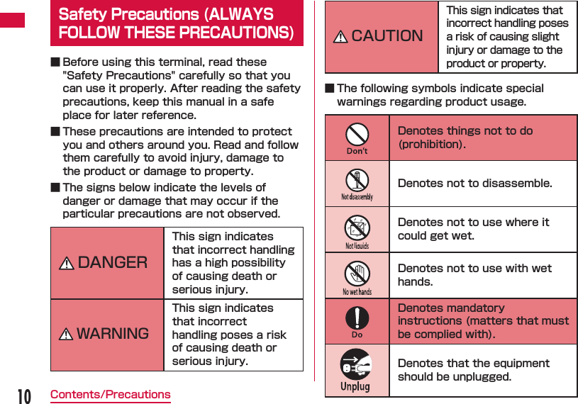 10Contents/PrecautionsSafety Precautions (ALWAYS FOLLOW THESE PRECAUTIONS) ■ Before using this terminal, read these "Safety Precautions" carefully so that you can use it properly. After reading the safety precautions, keep this manual in a safe place for later reference. ■ These precautions are intended to protect you and others around you. Read and follow them carefully to avoid injury, damage to the product or damage to property. ■ The signs below indicate the levels of danger or damage that may occur if the particular precautions are not observed.DANGERThis sign indicates that incorrect handling has a high possibility of causing death or serious injury.WARNINGThis sign indicates that incorrect handling poses a risk of causing death or serious injury.CAUTIONThis sign indicates that incorrect handling poses a risk of causing slight injury or damage to the product or property. ■ The following symbols indicate special warnings regarding product usage.Denotes things not to do (prohibition).Denotes not to disassemble.Denotes not to use where it could get wet.Denotes not to use with wet hands.Denotes mandatory instructions (matters that must be complied with).Denotes that the equipment should be unplugged.