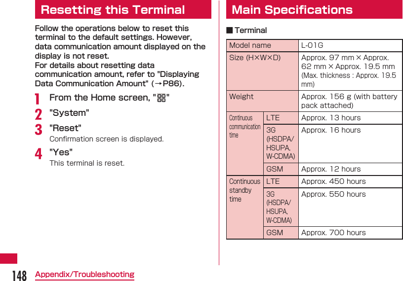 148Appendix/Troubleshooting  Resetting this TerminalFollow the operations below to reset this terminal to the default settings. However, data communication amount displayed on the display is not reset.For details about resetting data communication amount, refer to "Displaying Data Communication Amount" (&rarr;P86).a  From the Home screen, " "b "System"c "Reset"Conﬁ rmation screen is displayed.d "Yes"This terminal is reset.  Main Speciﬁ cations ■ TerminalModel name L-01GSize (H&times;W&times;D) Approx. 97 mm &times; Approx. 62 mm &times; Approx. 19.5 mm(Max. thickness : Approx. 19.5 mm)Weight Approx. 156 g (with battery pack attached)Continuous communication timeLTE Approx. 13 hours3G (HSDPA/HSUPA,W-CDMA)Approx. 16 hoursGSM Approx. 12 hoursContinuous standby timeLTE Approx. 450 hours3G (HSDPA/HSUPA,W-CDMA)Approx. 550 hoursGSM Approx. 700 hours