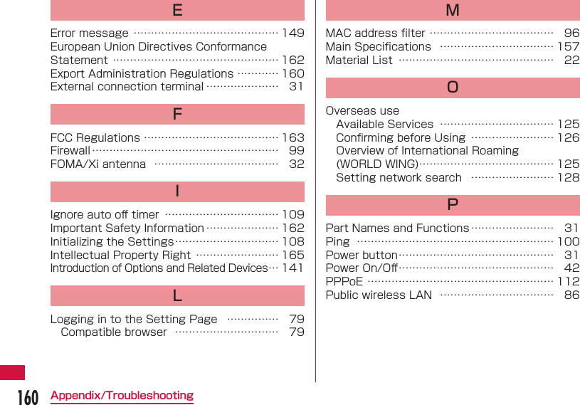 160Appendix/TroubleshootingEError message  &hellip;&hellip;&hellip;&hellip;&hellip;&hellip;&hellip;&hellip;&hellip;&hellip;&hellip;&hellip;&hellip;&hellip; 149European Union Directives Conformance Statement &hellip;&hellip;&hellip;&hellip;&hellip;&hellip;&hellip;&hellip;&hellip;&hellip;&hellip;&hellip;&hellip;&hellip;&hellip;&hellip; 162Export Administration Regulations &hellip;&hellip;&hellip;&hellip; 160External connection terminal &hellip;&hellip;&hellip;&hellip;&hellip;&hellip;&hellip; 31FFCC Regulations &hellip;&hellip;&hellip;&hellip;&hellip;&hellip;&hellip;&hellip;&hellip;&hellip;&hellip;&hellip;&hellip; 163Firewall &hellip;&hellip;&hellip;&hellip;&hellip;&hellip;&hellip;&hellip;&hellip;&hellip;&hellip;&hellip;&hellip;&hellip;&hellip;&hellip;&hellip;&hellip; 99FOMA/Xi antenna  &hellip;&hellip;&hellip;&hellip;&hellip;&hellip;&hellip;&hellip;&hellip;&hellip;&hellip;&hellip; 32IIgnore auto oﬀ  timer  &hellip;&hellip;&hellip;&hellip;&hellip;&hellip;&hellip;&hellip;&hellip;&hellip;&hellip; 109Important Safety Information &hellip;&hellip;&hellip;&hellip;&hellip;&hellip;&hellip; 162Initializing the Settings &hellip;&hellip;&hellip;&hellip;&hellip;&hellip;&hellip;&hellip;&hellip;&hellip; 108Intellectual Property Right  &hellip;&hellip;&hellip;&hellip;&hellip;&hellip;&hellip;&hellip; 165Introduction of Options and Related Devices &hellip; 141LLogging in to the Setting Page  &hellip;&hellip;&hellip;&hellip;&hellip; 79Compatible browser  &hellip;&hellip;&hellip;&hellip;&hellip;&hellip;&hellip;&hellip;&hellip;&hellip; 79MMAC address ﬁ lter &hellip;&hellip;&hellip;&hellip;&hellip;&hellip;&hellip;&hellip;&hellip;&hellip;&hellip;&hellip; 96Main Speciﬁ cations  &hellip;&hellip;&hellip;&hellip;&hellip;&hellip;&hellip;&hellip;&hellip;&hellip;&hellip; 157Material List  &hellip;&hellip;&hellip;&hellip;&hellip;&hellip;&hellip;&hellip;&hellip;&hellip;&hellip;&hellip;&hellip;&hellip;&hellip; 22OOverseas useAvailable Services  &hellip;&hellip;&hellip;&hellip;&hellip;&hellip;&hellip;&hellip;&hellip;&hellip;&hellip; 125Conﬁ rming before Using  &hellip;&hellip;&hellip;&hellip;&hellip;&hellip;&hellip;&hellip; 126Overview of International Roaming (WORLD WING) &hellip;&hellip;&hellip;&hellip;&hellip;&hellip;&hellip;&hellip;&hellip;&hellip;&hellip;&hellip;&hellip; 125Setting network search  &hellip;&hellip;&hellip;&hellip;&hellip;&hellip;&hellip;&hellip; 128PPart Names and Functions &hellip;&hellip;&hellip;&hellip;&hellip;&hellip;&hellip;&hellip; 31Ping  &hellip;&hellip;&hellip;&hellip;&hellip;&hellip;&hellip;&hellip;&hellip;&hellip;&hellip;&hellip;&hellip;&hellip;&hellip;&hellip;&hellip;&hellip;&hellip; 100Power button &hellip;&hellip;&hellip;&hellip;&hellip;&hellip;&hellip;&hellip;&hellip;&hellip;&hellip;&hellip;&hellip;&hellip;&hellip; 31Power On/Oﬀ  &hellip;&hellip;&hellip;&hellip;&hellip;&hellip;&hellip;&hellip;&hellip;&hellip;&hellip;&hellip;&hellip;&hellip;&hellip; 42PPPoE &hellip;&hellip;&hellip;&hellip;&hellip;&hellip;&hellip;&hellip;&hellip;&hellip;&hellip;&hellip;&hellip;&hellip;&hellip;&hellip;&hellip;&hellip; 112Public wireless LAN  &hellip;&hellip;&hellip;&hellip;&hellip;&hellip;&hellip;&hellip;&hellip;&hellip;&hellip; 86