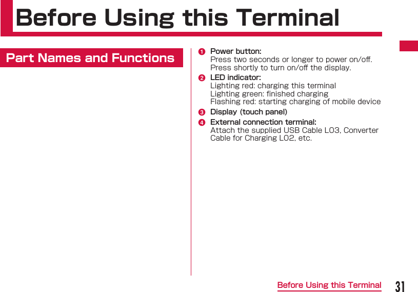 31Before Using this TerminalBefore Using this Terminal Part Names and Functions a   Power button:Press two seconds or longer to power on/oﬀ .Press shortly to turn on/oﬀ  the display.b  LED indicator:Lighting red: charging this terminalLighting green: ﬁ nished chargingFlashing red: starting charging of mobile devicec   Display (touch panel)d   External connection terminal:Attach the supplied USB Cable L03, Converter Cable for Charging L02, etc.