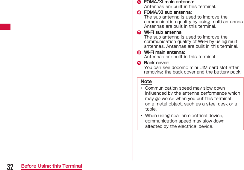 32Before Using this Terminale   FOMA/Xi main antenna:Antennas are built in this terminal.f  FOMA/Xi sub antenna:The sub antenna is used to improve the communication quality by using multi antennas. Antennas are built in this terminal.g  Wi-Fi sub antenna:The sub antenna is used to improve the communication quality of Wi-Fi by using multi antennas. Antennas are built in this terminal.h   Wi-Fi main antenna:Antennas are built in this terminal.i   Back cover:You can see docomo mini UIM card slot after removing the back cover and the battery pack.Note&bull;  Communication speed may slow down inﬂ uenced by the antenna performance which may go worse when you put this terminal on a metal object, such as a steel desk or a table.&bull;  When using near an electrical device, communication speed may slow down aﬀ ected by the electrical device.