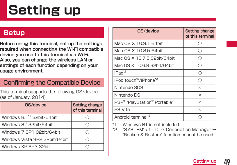 49Setting up Setting upSetupBefore using this terminal, set up the settings required when connecting the Wi-Fi compatible device you use to this terminal via Wi-Fi.Also, you can change the wireless LAN or settings of each function depending on your usage environment. Conﬁ rming the Compatible DeviceThis terminal supports the following OS/device. (as of January, 2014)OS/deviceSetting change of this terminalWindows 8.1*1 32bit/64bit ○Windows 8*1 32bit/64bit ○Windows 7 SP1 32bit/64bit ○Windows Vista SP2 32bit/64bit ○Windows XP SP3 32bit ○OS/deviceSetting change of this terminalMac OS X 10.9.1 64bit ○Mac OS X 10.8.5 64bit ○Mac OS X 10.7.5 32bit/64bit○Mac OS X 10.6.8 32bit/64bit○iPad*2 ○iPod touch*2/iPhone*2 ○Nintendo 3DS ╳Nintendo DS ╳PSP&reg; "PlayStation&reg; Portable" ╳PS Vita ╳Android terminal*2 ○*1  Windows RT is not included.*2  "SYSTEM" of L-01G Connection Manager &rarr; "Backup &amp; Restore" function cannot be used.