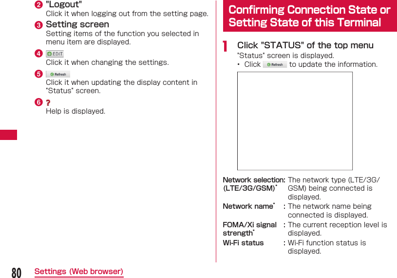 80Settings (Web browser)b "Logout"Click it when logging out from the setting page.c Setting screenSetting items of the function you selected in menu item are displayed.d Click it when changing the settings.e Click it when updating the display content in "Status" screen.f Help is displayed. Conﬁ rming Connection State or Setting State of this Terminala   Click "STATUS" of the top menu"Status" screen is displayed.&bull;  Click   to update the information.Network selection(LTE/3G/GSM)*:The network type (LTE/3G/GSM) being connected is displayed.Network name*:The network name being connected is displayed.FOMA/Xi signal strength*:The current reception level is displayed.Wi-Fi status :Wi-Fi function status is displayed.