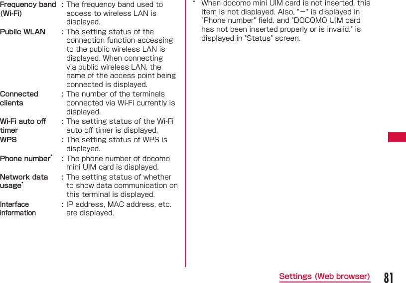 81Settings (Web browser)Frequency band(Wi-Fi):The frequency band used to access to wireless LAN is displayed.Public WLAN :The setting status of the connection function accessing to the public wireless LAN is displayed. When connecting via public wireless LAN, the name of the access point being connected is displayed.Connected clients:The number of the terminals connected via Wi-Fi currently is displayed.Wi-Fi auto oﬀ  timer:The setting status of the Wi-Fi auto oﬀ  timer is displayed.WPS :The setting status of WPS is displayed.Phone number*:The phone number of docomo mini UIM card is displayed.Network data usage*:The setting status of whether to show data communication on this terminal is displayed.Interface information:IP address, MAC address, etc. are displayed.*  When docomo mini UIM card is not inserted, this item is not displayed. Also, "&minus;" is displayed in "Phone number" ﬁ eld, and "DOCOMO UIM card has not been inserted properly or is invalid." is displayed in "Status" screen.