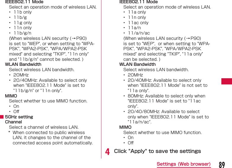 89Settings (Web browser)IEEE802.11 ModeSelect an operation mode of wireless LAN.&bull;  11b only&bull;  11b/g&bull;  11g only&bull;  11n only&bull;  11b/g/n(When wireless LAN security (&rarr;P90) is set to "WEP", or when setting to "WPA-PSK", "WPA2-PSK", "WPA/WPA2-PSK mixed" and selecting "TKIP", "11n only" and "11b/g/n" cannot be selected. ) WLAN BandwidthSelect wireless LAN bandwidth.&bull;  20MHz&bull;  20/40MHz: Available to select only when "IEEE802.11 Mode" is set to "11b/g/n" or "11n only".MIMOSelect whether to use MIMO function.&bull;  On&bull;  Oﬀ  ■ 5GHz settingChannelSelect a channel of wireless LAN.*  When connected to public wireless LAN, it changes to the channel of the connected access point automatically.IEEE802.11 ModeSelect an operation mode of wireless LAN.&bull;  11a only&bull;  11n only&bull;  11ac only&bull;  11a/n&bull;  11/a/n/ac(When wireless LAN security (&rarr;P90) is set to "WEP",  or when setting to "WPA-PSK", "WPA2-PSK", "WPA/WPA2-PSK mixed" and selecting "TKIP", "11a only" can be selected. )WLAN BandwidthSelect wireless LAN bandwidth.&bull;  20MHz&bull;  20/40MHz: Available to select only when "IEEE802.11 Mode" is not set to "11a only".&bull;  80MHz: Available to select only when "IEEE802.11 Mode" is set to "11ac only".&bull;  20/40/80MHz: Available to select only when "IEEE802.11 Mode" is set to "11a/n/ac".MIMOSelect whether to use MIMO function.&bull;  On&bull;  Oﬀ d Click "Apply" to save the settings