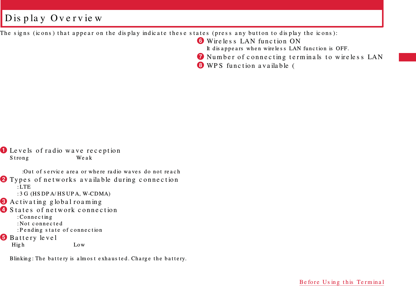 23Be fo re  Us in g  t his  Te rm in a lD is p la y  O v e r v ie wTh e   s ig n s  (ic o n s ) t h a t  a p p e a r o n  t h e  d is p la y  ind ic a t e  t h e s e  s t a t e s  (p re s s  a n y  b u t t o n  t o  d is p la y   t h e  ic o n s ) :aLe v e ls  o f ra d io  w a v e  re c e p t io nS t ro n g  We a k :Ou t  o f s e rvic e  a re a  o r whe re  ra d io  wa ve s  d o  no t  re a c hbTy p e s  o f n e t w o r k s  a v a ila b le  d u r in g  c o n n e c t ion:LTE: 3 G (HS DP A/ HS UP A, W-CDMA)cAc t iv a t in g  g lo b a l ro a m ingdS t a t e s  o f n e t w o rk  c o n n e c t io n: Co n n e c t in g: No t  c o n n e c t e d: P e n d in g  s t a t e  of c o n n e c t io neBa t t e ry  le v e l H ig h    Lo w䇭      䇭䇭䇭䇭䇭䇭Blin kin g : Th e  b a t t e ry is  a lm o s t  e xh a u s t e d . C h a rg e  t h e  b a t t e ry.fWire le s s  LAN  fu n c t io n  ONIt  dis a p p e a rs  wh e n  wire le s s  LAN fu n c t io n  is  OFF.gNu m b e r o f c o n n e c t in g  t e rm in a ls  t o  w ire le s s  LANhWP S  fu n c t io n  a v a ila b le  (