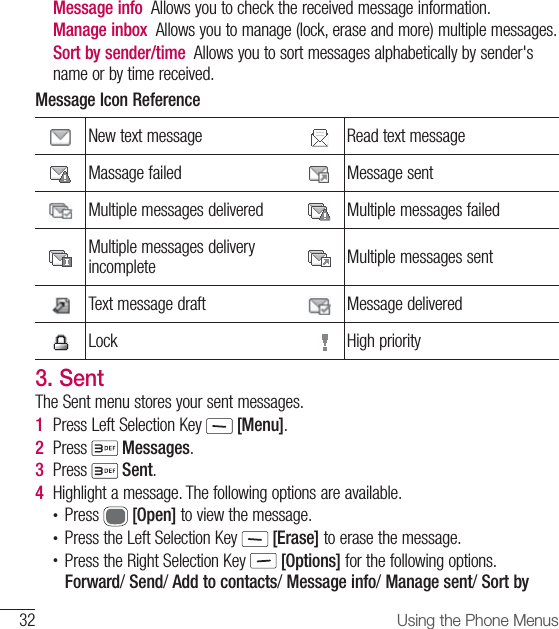 32 Using the Phone Menus  Message info  Allows you to check the received message information.   Manage inbox  Allows you to manage (lock, erase and more) multiple messages.   Sort by sender/time  Allows you to sort messages alphabetically by sender&apos;s name or by time received.Message Icon ReferenceNew text message Read text messageMassage failed Message sentMultiple messages delivered Multiple messages failedMultiple messages delivery incomplete Multiple messages sentText message draft Message deliveredLock High priority3. SentThe Sent menu stores your sent messages.1  Press Left Selection Key   [Menu].2  Press   Messages.3  Press   Sent.4  Highlight a message. The following options are available.•  Press   [Open] to view the message.•  Press the Left Selection Key   [Erase] to erase the message.•  Press the Right Selection Key   [Options] for the following options.Forward/ Send/ Add to contacts/ Message info/ Manage sent/ Sort by 