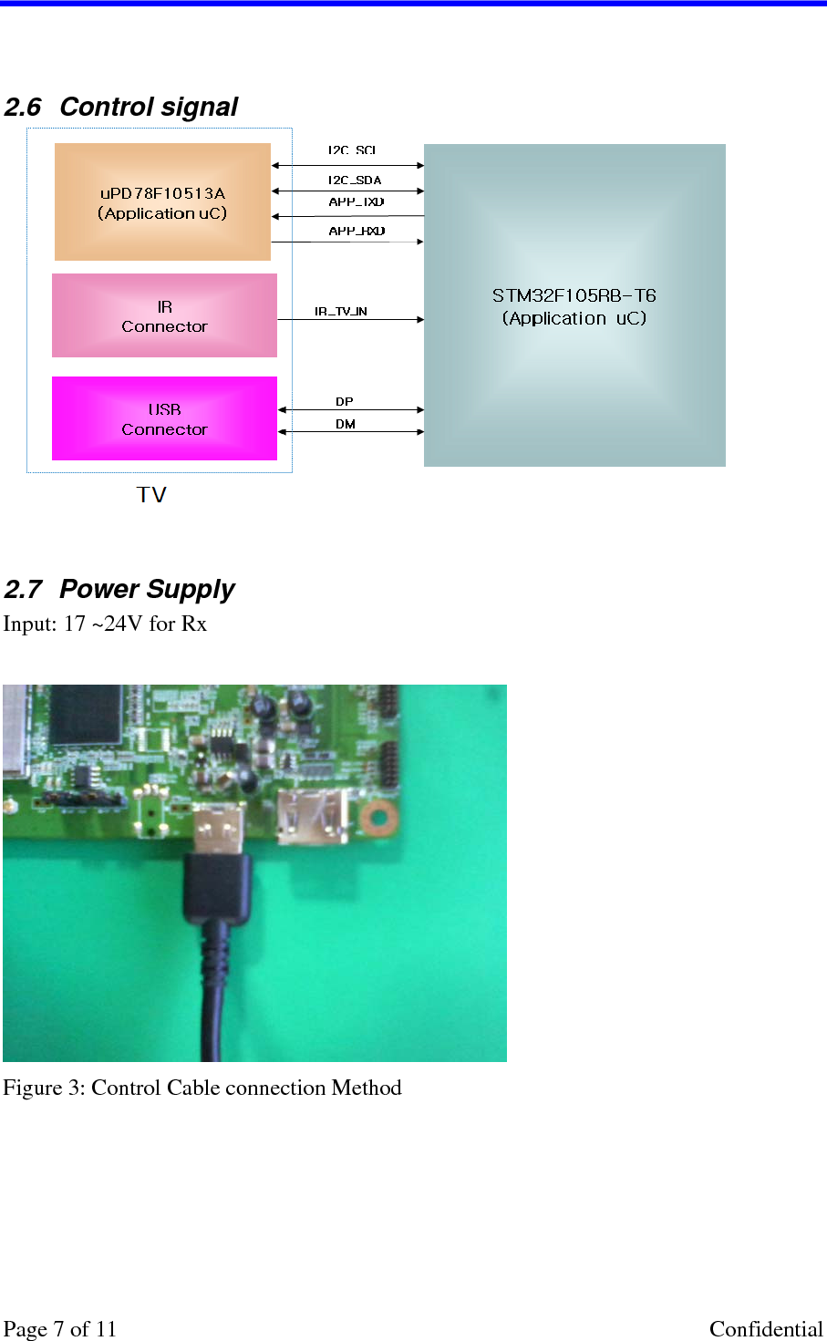     2.6  Control signal    2.7  Power Supply Input: 17 ~24V for Rx   Figure 3: Control Cable connection Method Page 7 of 11    Confidential 