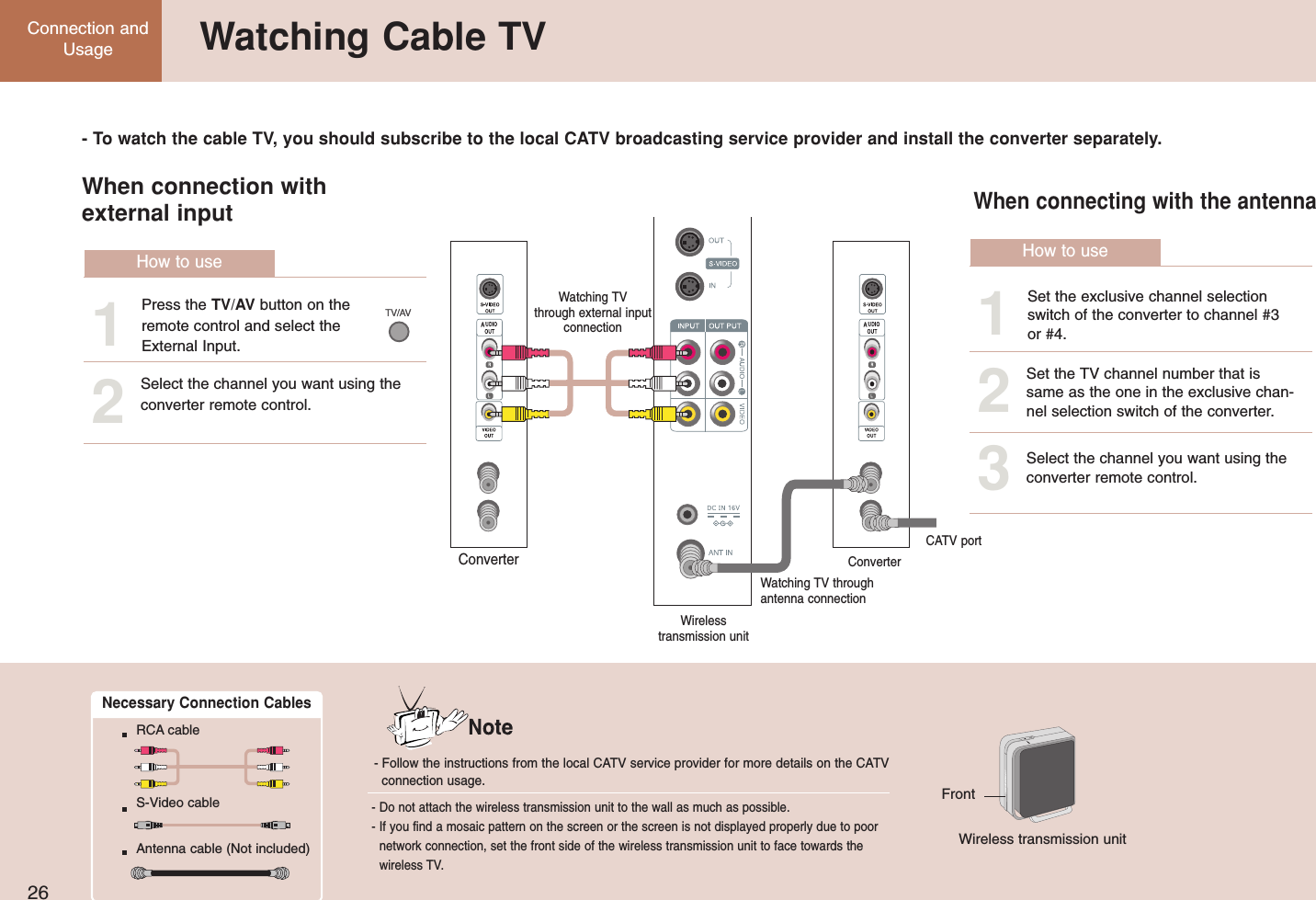 26Connection andUsage Watching Cable TV- Do not attach the wireless transmission unit to the wall as much as possible.- If you find a mosaic pattern on the screen or the screen is not displayed properly due to poornetwork connection, set the front side of the wireless transmission unit to face towards thewireless TV.- Follow the instructions from the local CATV service provider for more details on the CATV connection usage.Wireless transmission unitFrontNecessary Connection CablesRCA cableS-Video cableAntenna cable (Not included)- To watch the cable TV, you should subscribe to the local CATV broadcasting service provider and install the converter separately.When connection with external inputWhen connecting with the antennaPress the TV/AV button on theremote control and select theExternal Input.1Select the channel you want using theconverter remote control.2How to useSet the exclusive channel selectionswitch of the converter to channel #3or #4.1Set the TV channel number that issame as the one in the exclusive chan-nel selection switch of the converter.2Select the channel you want using theconverter remote control.3How to useWatching TV through external inputconnectionWatching TV throughantenna connectionCATV portConverterWireless transmission unit Converter