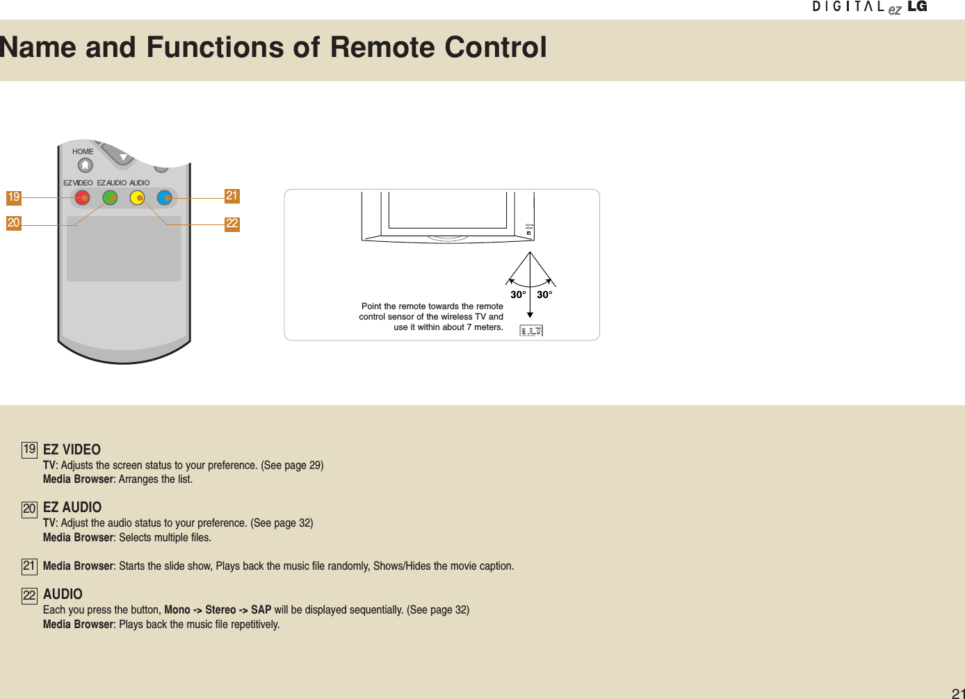 2119202122Name and Functions of Remote ControlTV/AVTV/AV TV/MEDIATV/MEDIASLEEPSLEEP CCCC FLASHBKFLASHBK SURFSURFPoint the remote towards the remotecontrol sensor of the wireless TV anduse it within about 7 meters.EZ VIDEOTV: Adjusts the screen status to your preference. (See page 29)Media Browser: Arranges the list.EZ AUDIOTV: Adjust the audio status to your preference. (See page 32)Media Browser: Selects multiple files.Media Browser: Starts the slide show, Plays back the music file randomly, Shows/Hides the movie caption.AUDIOEach you press the button, Mono -&gt; Stereo -&gt; SAP will be displayed sequentially. (See page 32)Media Browser: Plays back the music file repetitively.19202221