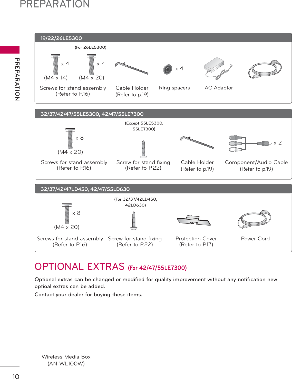 PREPARATIONPREPARATION10OPTIONAL EXTRAS (For 42/47/55LE7300)Optional extras can be changed or modified for quality improvement without any notification new optioal extras can be added.Contact your dealer for buying these items.19/22/26LE5300Cable Holder(Refer to p.19)Wireless Media Box(AN-WL100W)Screws for stand assembly(Refer to P.16)x 4 x 4(M4 x 14) (M4 x 20)AC AdaptorRing spacers(For 26LE5300)32/37/42/47LD450, 42/47/55LD630(M4 x 20)Screws for stand assembly(Refer to P.16)Screw for stand fixing(Refer to P.22)x 8Protection Cover(Refer to P.17)(For 32/37/42LD450, 42LD630)x 432/37/42/47/55LE5300, 42/47/55LE7300Cable Holder(Refer to p.19)Component/Audio Cable(Refer to p.19)Screws for stand assembly(Refer to P.16)x 8 x 2(M4 x 20)Screw for stand fixing(Refer to P.22)Power Cord(Except 55LE5300, 55LE7300)
