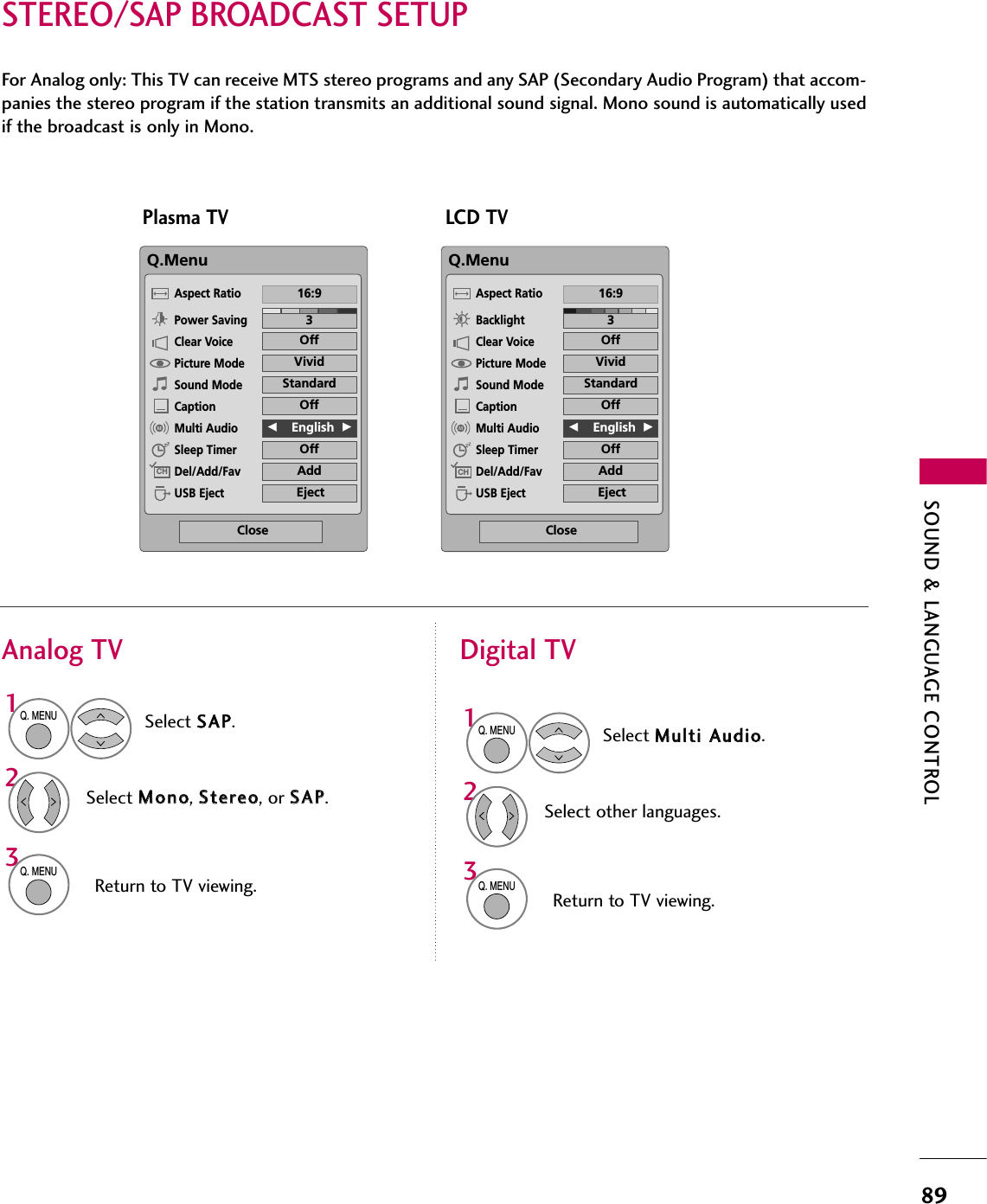 SOUND &amp; LANGUAGE CONTROL89STEREO/SAP BROADCAST SETUPFor Analog only: This TV can receive MTS stereo programs and any SAP (Secondary Audio Program) that accom-panies the stereo program if the station transmits an additional sound signal. Mono sound is automatically usedif the broadcast is only in Mono.Q.MenuClose316:9VividOffStandardOffFF      English  GGOffAddEjectAspect RatioBacklightClear VoicePicture ModeSound ModeCaptionMulti AudioSleep TimerDel/Add/FavUSB EjectCHSelect SSAAPP.Select MMoonnoo, SStteerreeoo, or SSAAPP.Return to TV viewing.1Q. MENU32Q. MENUSelect MMuullttii  AAuuddiioo.Select other languages.Return to TV viewing.1Q. MENU32Q. MENUAnalog TV Digital TVQ.MenuClose316:9VividOffStandardOffFF      English  GGOffAddEjectAspect RatioPower SavingClear VoicePicture ModeSound ModeCaptionMulti AudioSleep TimerDel/Add/FavUSB EjectCHLCD TVPlasma TV