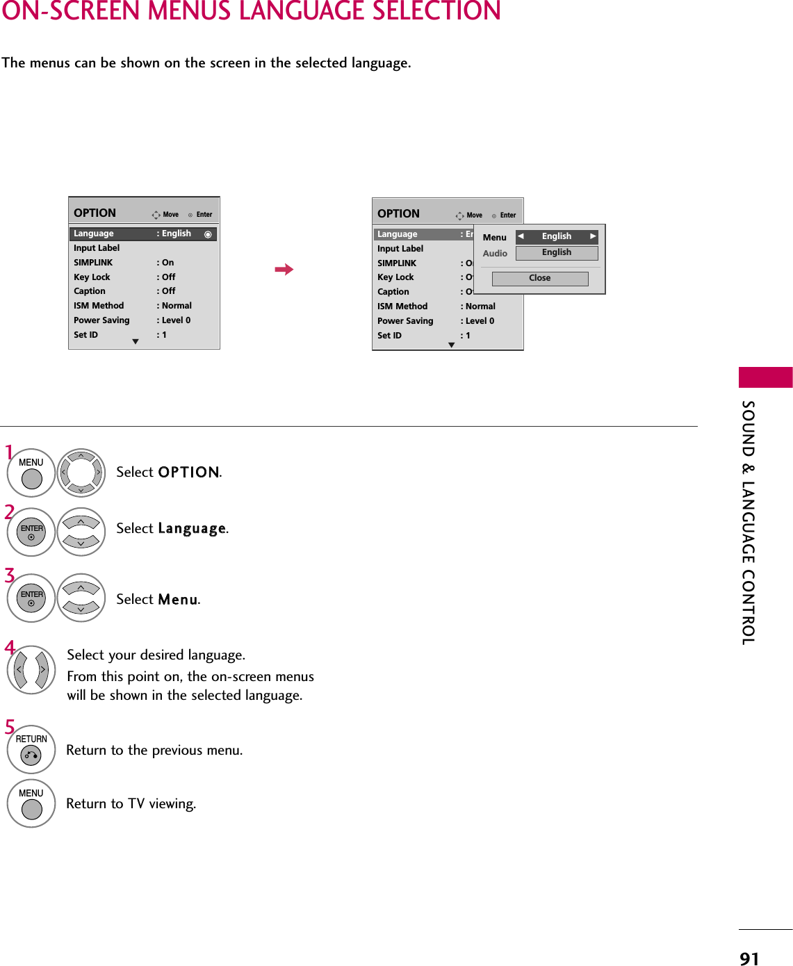 SOUND &amp; LANGUAGE CONTROL91ON-SCREEN MENUS LANGUAGE SELECTIONThe menus can be shown on the screen in the selected language.Select OOPPTTIIOONN.Select LLaanngguuaaggee.Select MMeennuu.1MENU32ENTERENTERSelect your desired language.From this point on, the on-screen menuswill be shown in the selected language.4EnterMoveOPTIONLanguage : EnglishInput LabelSIMPLINK : OnKey Lock : OffCaption : OffISM Method : NormalPower Saving : Level 0Set ID : 1EnterMoveOPTIONEELanguage : EnglishInput LabelSIMPLINK : OnKey Lock : OffCaption : OffISM Method : NormalPower Saving : Level 0Set ID : 1Menu FFEnglish       GGAudio EnglishClose5RETURNReturn to the previous menu.MENUReturn to TV viewing.