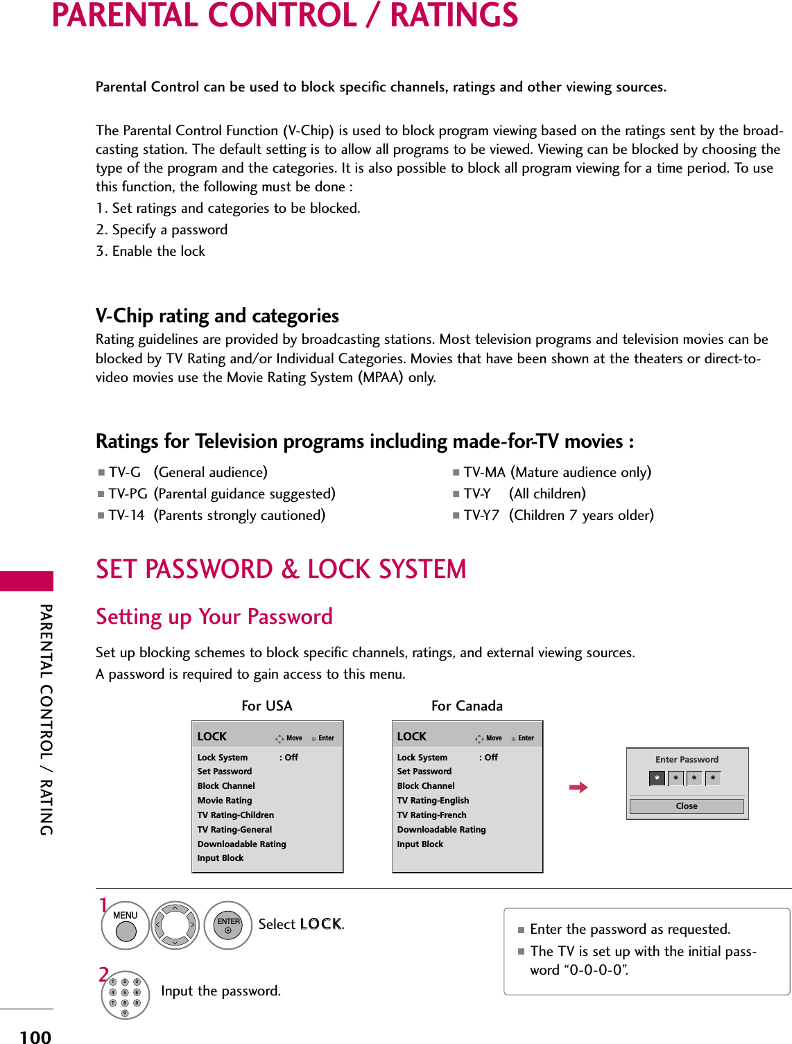 PARENTAL CONTROL / RATING100PARENTAL CONTROL / RATINGSParental Control can be used to block specific channels, ratings and other viewing sources.The Parental Control Function (V-Chip) is used to block program viewing based on the ratings sent by the broad-casting station. The default setting is to allow all programs to be viewed. Viewing can be blocked by choosing thetype of the program and the categories. It is also possible to block all program viewing for a time period. To usethis function, the following must be done :1. Set ratings and categories to be blocked.2. Specify a password3. Enable the lockV-Chip rating and categoriesRating guidelines are provided by broadcasting stations. Most television programs and television movies can beblocked by TV Rating and/or Individual Categories. Movies that have been shown at the theaters or direct-to-video movies use the Movie Rating System (MPAA)only.Ratings for Television programs including made-for-TV movies :■TV-G (General audience)■TV-PG (Parental guidance suggested)■TV-14 (Parents strongly cautioned)■TV-MA (Mature audience only)■TV-Y (All children)■TV-Y7 (Children 7 years older)Set up blocking schemes to block specific channels, ratings, and external viewing sources.A password is required to gain access to this menu.Setting up Your PasswordFor USAEnterMoveLOCKLock System            : OffSet PasswordBlock ChannelMovie RatingTV Rating-ChildrenTV Rating-GeneralDownloadable RatingInput BlockFor CanadaEnterMoveLOCKLock System            : OffSet PasswordBlock ChannelTV Rating-EnglishTV Rating-FrenchDownloadable RatingInput BlockCloseEnter Password** * *Select LLOOCCKK.1MENUENTERInput the password.21456780923■Enter the password as requested.■The TV is set up with the initial pass-word “0-0-0-0”.SET PASSWORD &amp; LOCK SYSTEM