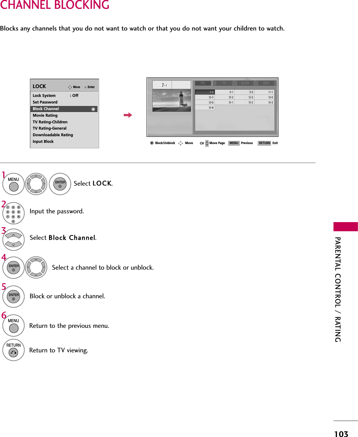 PARENTAL CONTROL / RATING103CHANNEL BLOCKINGEnterMoveLOCKLock System            : OffSet PasswordBlock ChannelMovie RatingTV Rating-ChildrenTV Rating-GeneralDownloadable RatingInput BlockSelect BBlloocckk  CChhaannnneell.Select a channel to block or unblock.43ENTERBlock or unblock a channel.5ENTERBlocks any channels that you do not want to watch or that you do not want your children to watch. Select LLOOCCKK.1MENUENTERInput the password.214567809236MENUReturn to the previous menu.RETURNReturn to TV viewing.Block/Unblock Move PageCHMove PreviousMENU ExitRETURN