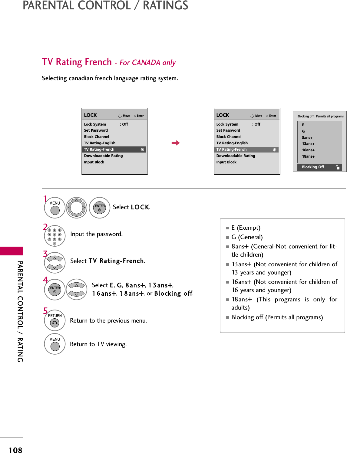 PARENTAL CONTROL / RATING108PARENTAL CONTROL / RATINGSTV Rating French- For CANADA only Selecting canadian french language rating system.EnterMoveLOCKLock System            : OffSet PasswordBlock ChannelTV Rating-EnglishTV Rating-FrenchDownloadable RatingInput BlockSelect TTVV  RRaattiinngg--FFrreenncchh.Select EE, GG, 88aannss++, 1133aannss++,1166aannss++, 1188aannss++, or BBlloocckkiinngg  ooffff.43ENTEREnterMoveLOCKLock System            : OffSet PasswordBlock ChannelTV Rating-EnglishTV Rating-FrenchDownloadable RatingInput BlockBlocking off : Permits all programsEG8ans+13ans+16ans+18ans+Blocking Off■E (Exempt)■G (General)■8ans+ (General-Not convenient for lit-tle children)■13ans+ (Not convenient for children of13 years and younger)■16ans+ (Not convenient for children of16 years and younger)■18ans+  (This  programs  is  only  foradults)■Blocking off (Permits all programs)Select LLOOCCKK.1MENUENTERInput the password.214567809235RETURNReturn to the previous menu.MENUReturn to TV viewing.