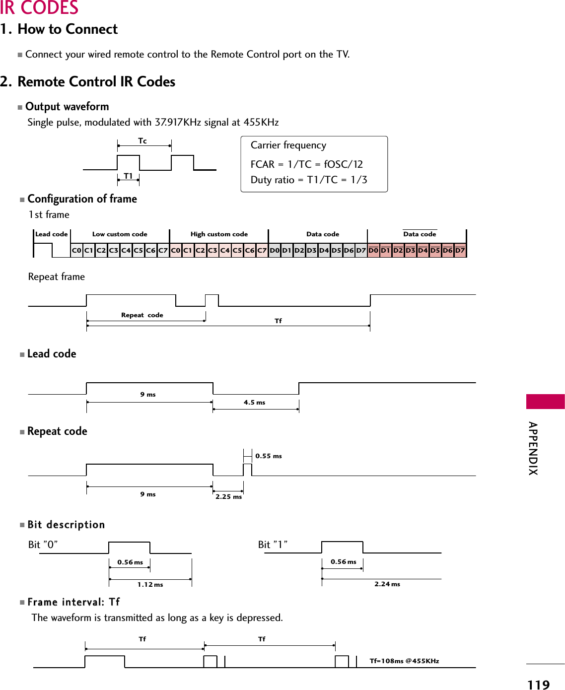 APPENDIX119IR CODES■Configuration of frame 1st frameRepeat frame■Lead code■Repeat code■BBiitt  ddeessccrriippttiioonn■FFrraammee  iinntteerrvvaall::  TTff  The waveform is transmitted as long as a key is depressed.C0 C1 C2 C3 C4 C5 C6 C7 C0 C1 C2 C3 C4 C5 C6 C7 D0 D1 D2 D3 D4 D5 D6 D7 D0 D1 D2 D3 D4 D5 D6 D7 Lead code Low custom code High custom code Data code  Data code Repeat  code Tf4.5 ms9 ms 2.25 ms 9 ms 0.55 ms 0.56 ms1.12 ms0.56 ms2.24 msTf TfTf=108ms @455KHzBit ”0”  Bit ”1”1. How to Connect■Connect your wired remote control to the Remote Control port on the TV. 2. Remote Control IR Codes■Output waveform Single pulse, modulated with 37.917KHz signal at 455KHz   T1TcCarrier frequencyFCAR = 1/TC = fOSC/12Duty ratio = T1/TC = 1/3