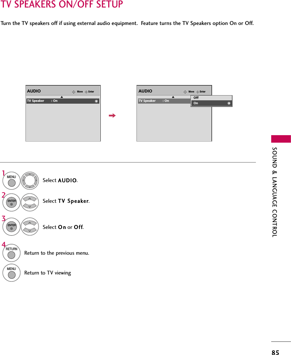 SOUND &amp; LANGUAGE CONTROL85TV SPEAKERS ON/OFF SETUPTurn the TV speakers off if using external audio equipment.  Feature turns the TV Speakers option On or Off.EnterMoveAUDIOETV Speaker : OnEnterMoveAUDIOETV Speaker : On OffOnSelect AUDIO.Select TV SSpeaker.Select O n or Off.1MENU32ENTERENTER4RETURNReturn to the previous menu.MENUReturn to TV viewing