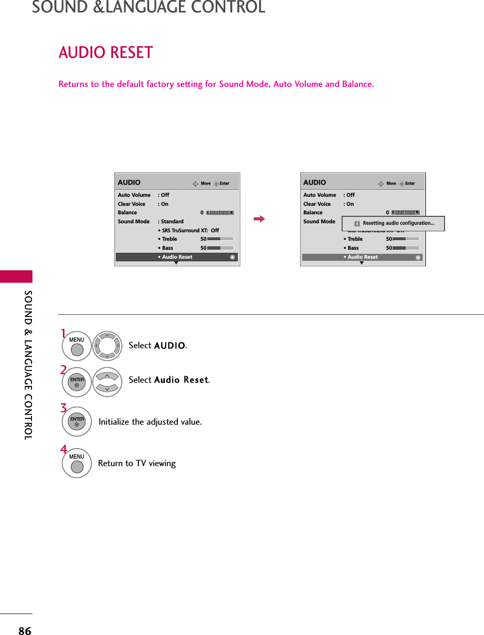 SOUND &amp; LANGUAGE CONTROL86AUDIO RESETSOUND &amp;LANGUAGE CONTROLReturns to the default factory setting for Sound Mode, Auto Volume and Balance.Select AUDIO.Select Audio RReset.1MENU2ENTERInitialize the adjusted value.3ENTEREnterMoveAUDIOELREnterMoveAUDIOELRAuto Volume : OffClear Voice : OnBalance 0Sound Mode : Standard•SRS TruSurround XT:Off• Treble 50• Bass 50• Audio ResetAuto Volume : OffClear Voice : OnBalance 0Sound Mode : Standard•SRS TruSurround XT:Off• Treble 50• Bass 50• Audio ResetResetting audio configuration...i4MENUReturn to TV viewing
