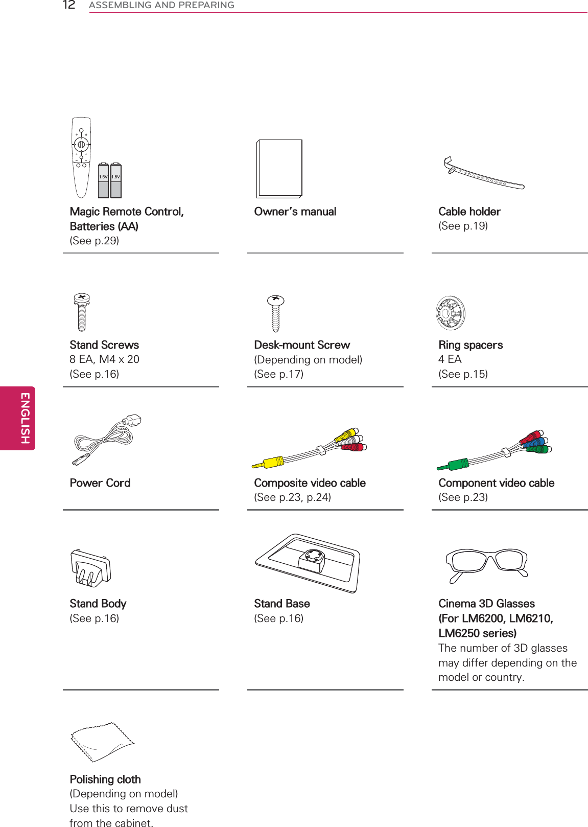 12ENGENGLISHASSEMBLING AND PREPARINGMagic Remote Control, Batteries (AA)(See p.29)Owner’s manual Cable holder(See p.19)Stand Screws8 EA, M4 x 20(See p.16)Desk-mount Screw(Depending on model)(See p.17)Ring spacers4 EA(See p.15)Power Cord Composite video cable(See p.23, p.24)Component video cable(See p.23)Stand Body (See p.16)Stand Base (See p.16)Cinema 3D Glasses (For LM6200, LM6210, LM6250 series)The number of 3D glasses may differ depending on the model or country.Polishing cloth(Depending on model)Use this to remove dust from the cabinet.