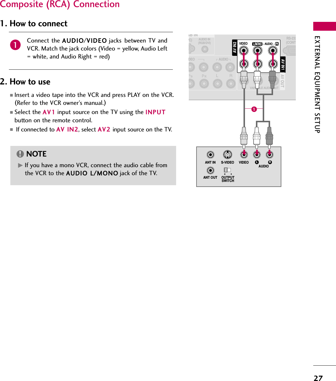 EXTERNAL EQUIPMENT SETUP27Composite (RCA) ConnectionGIf you have a mono VCR, connect the audio cable fromthe VCR to the AUDIO L/MONO jack of the TV.NOTE!PC)GB INAUDIODEOL/MONOAUDIOAUDIOVIDEOVIDEOVARIABLE AUDIO OUTVARIABLE AUDIO OUTAV IN1 AV OUTAV IN2RS-232(CONTRAUDIO IN(RGB/DVI)L RS-VIDEO VIDEOAUDIOOUTPUTSWITCHANT INANT OUT1Connect the AUDIO/VIDEO jacks between TV andVCR. Match the jack colors (Video = yellow, Audio Left= white, and Audio Right = red)1. How to connect2. How to use■Insert a video tape into the VCR and press PLAY on the VCR.(Refer to the VCR owner’s manual.)■Select the AV1 input source on the TV using the INPUTbutton on the remote control.■If connected to AV IN2, select AV2 input source on the TV.1
