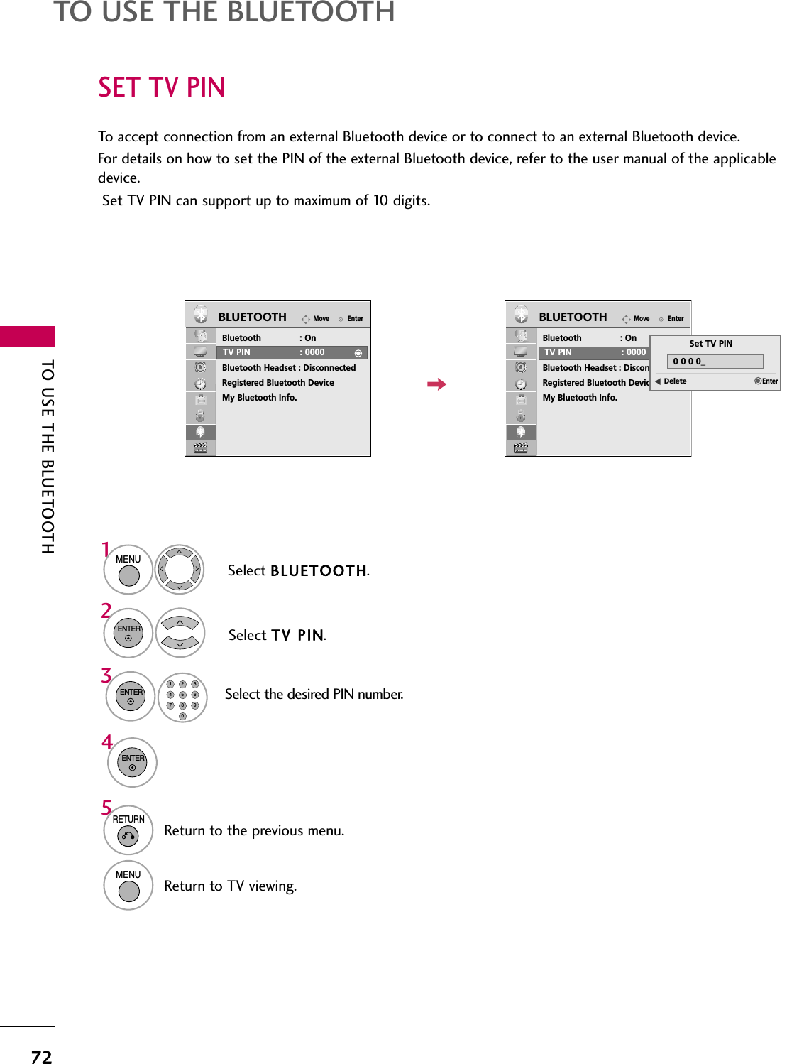 TO USE THE BLUETOOTH72TO USE THE BLUETOOTH1324SET TV PINEnterMoveBluetooth : OnTV PIN : 0000Bluetooth Headset : DisconnectedRegistered Bluetooth DeviceMy Bluetooth Info.BLUETOOTHEnterMoveBluetooth : OnTV PIN : 0000Bluetooth Headset : DisconnectedRegistered Bluetooth DeviceMy Bluetooth Info.BLUETOOTHTo accept connection from an external Bluetooth device or to connect to an external Bluetooth device.For details on how to set the PIN of the external Bluetooth device, refer to the user manual of the applicabledevice.Set TV PIN can support up to maximum of 10 digits.Select BLUETOOTH.Select TV PIN.MENUENTERTV PIN : 0000TV PIN : 0000 Set TV PINDelete1456780923Select the desired PIN number.ENTERENTEREEnter0 0 0 0_5RETURNReturn to the previous menu.MENUReturn to TV viewing.