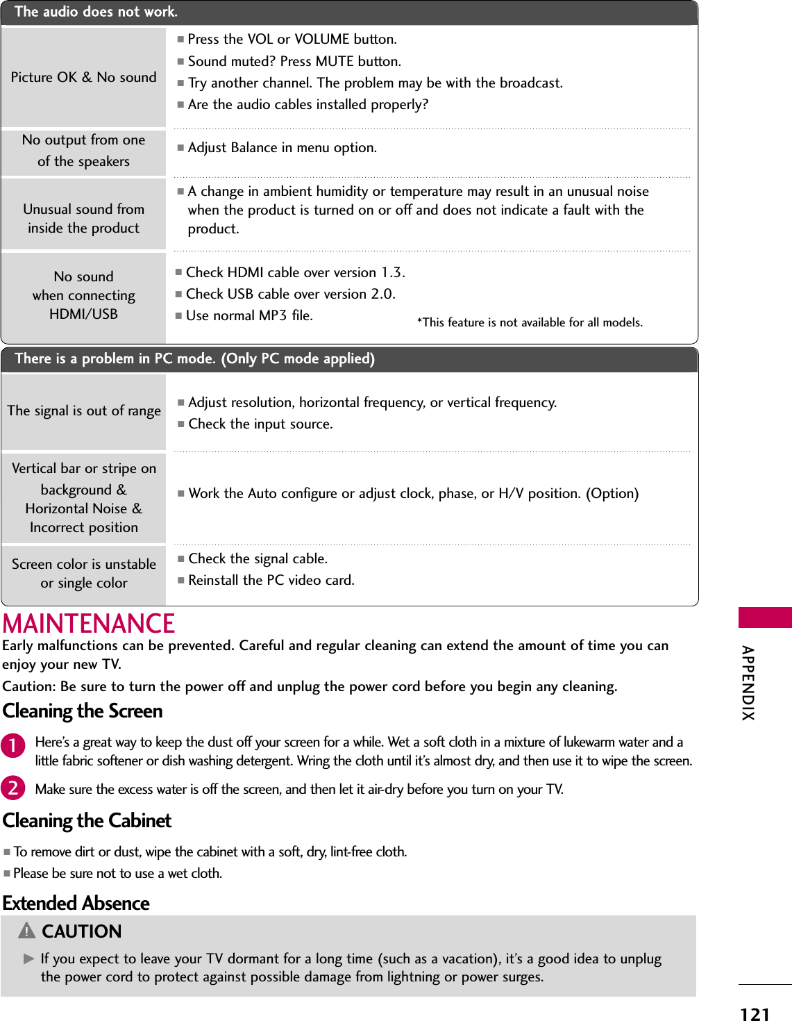 APPENDIX121There is a problem in PC mode. (Only PC mode applied)■Adjust resolution, horizontal frequency, or vertical frequency.■Check the input source.■Work the Auto configure or adjust clock, phase, or H/V position. (Option)■Check the signal cable.■Reinstall the PC video card.The signal is out of rangeScreen color is unstableor single colorVertical bar or stripe on background &amp;Horizontal Noise &amp;Incorrect positionPicture OK &amp; No soundUnusual sound frominside the productNo sound when connectingHDMI/USBNo output from one of the speakersThe audio does not work.■Press the VOL or VOLUME button.■Sound muted? Press MUTE button.■Try another channel. The problem may be with the broadcast.■Are the audio cables installed properly?■Adjust Balance in menu option.■A change in ambient humidity or temperature may result in an unusual noisewhen the product is turned on or off and does not indicate a fault with theproduct.■Check HDMI cable over version 1.3.■Check USB cable over version 2.0.■Use normal MP3 file. *This feature is not available for all models.MAINTENANCEEarly malfunctions can be prevented. Careful and regular cleaning can extend the amount of time you canenjoy your new TV. Caution: Be sure to turn the power off and unplug the power cord before you begin any cleaning.Cleaning the ScreenHere’s a great way to keep the dust off your screen for a while. Wet a soft cloth in a mixture of lukewarm water and alittle fabric softener or dish washing detergent. Wring the cloth until it’s almost dry, and then use it to wipe the screen.Make sure the excess water is off the screen, and then let it air-dry before you turn on your TV.Cleaning the Cabinet■To remove dirt or dust, wipe the cabinet with a soft, dry, lint-free cloth.■Please be sure not to use a wet cloth.Extended AbsenceG If you expect to leave your TV dormant for a long time (such as a vacation), it’s a good idea to unplugthe power cord to protect against possible damage from lightning or power surges.CAUTION21