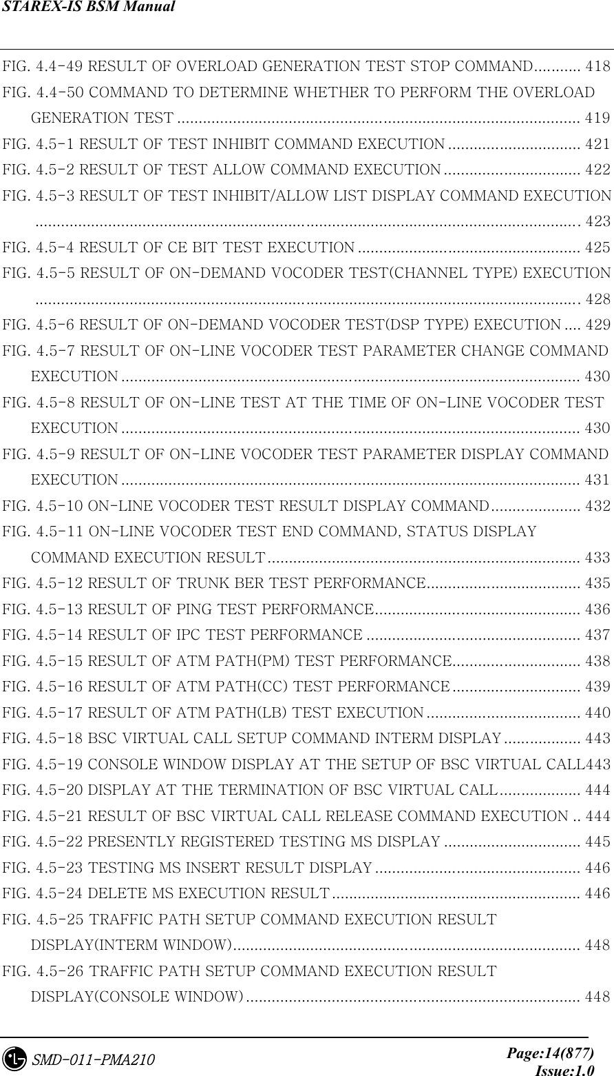 STAREX-IS BSM Manual     Page:14(877)Issue:1.0SMD-011-PMA210 FIG. 4.4-49 RESULT OF OVERLOAD GENERATION TEST STOP COMMAND........... 418 FIG. 4.4-50 COMMAND TO DETERMINE WHETHER TO PERFORM THE OVERLOAD GENERATION TEST .............................................................................................. 419 FIG. 4.5-1 RESULT OF TEST INHIBIT COMMAND EXECUTION ............................... 421 FIG. 4.5-2 RESULT OF TEST ALLOW COMMAND EXECUTION ................................ 422 FIG. 4.5-3 RESULT OF TEST INHIBIT/ALLOW LIST DISPLAY COMMAND EXECUTION............................................................................................................................... 423 FIG. 4.5-4 RESULT OF CE BIT TEST EXECUTION .................................................... 425 FIG. 4.5-5 RESULT OF ON-DEMAND VOCODER TEST(CHANNEL TYPE) EXECUTION............................................................................................................................... 428 FIG. 4.5-6 RESULT OF ON-DEMAND VOCODER TEST(DSP TYPE) EXECUTION .... 429 FIG. 4.5-7 RESULT OF ON-LINE VOCODER TEST PARAMETER CHANGE COMMAND EXECUTION ........................................................................................................... 430 FIG. 4.5-8 RESULT OF ON-LINE TEST AT THE TIME OF ON-LINE VOCODER TEST EXECUTION ........................................................................................................... 430 FIG. 4.5-9 RESULT OF ON-LINE VOCODER TEST PARAMETER DISPLAY COMMAND EXECUTION ........................................................................................................... 431 FIG. 4.5-10 ON-LINE VOCODER TEST RESULT DISPLAY COMMAND..................... 432 FIG. 4.5-11 ON-LINE VOCODER TEST END COMMAND, STATUS DISPLAY COMMAND EXECUTION RESULT......................................................................... 433 FIG. 4.5-12 RESULT OF TRUNK BER TEST PERFORMANCE.................................... 435 FIG. 4.5-13 RESULT OF PING TEST PERFORMANCE................................................ 436 FIG. 4.5-14 RESULT OF IPC TEST PERFORMANCE .................................................. 437 FIG. 4.5-15 RESULT OF ATM PATH(PM) TEST PERFORMANCE.............................. 438 FIG. 4.5-16 RESULT OF ATM PATH(CC) TEST PERFORMANCE .............................. 439 FIG. 4.5-17 RESULT OF ATM PATH(LB) TEST EXECUTION .................................... 440 FIG. 4.5-18 BSC VIRTUAL CALL SETUP COMMAND INTERM DISPLAY .................. 443 FIG. 4.5-19 CONSOLE WINDOW DISPLAY AT THE SETUP OF BSC VIRTUAL CALL443 FIG. 4.5-20 DISPLAY AT THE TERMINATION OF BSC VIRTUAL CALL................... 444 FIG. 4.5-21 RESULT OF BSC VIRTUAL CALL RELEASE COMMAND EXECUTION .. 444 FIG. 4.5-22 PRESENTLY REGISTERED TESTING MS DISPLAY ................................ 445 FIG. 4.5-23 TESTING MS INSERT RESULT DISPLAY ................................................ 446 FIG. 4.5-24 DELETE MS EXECUTION RESULT.......................................................... 446 FIG. 4.5-25 TRAFFIC PATH SETUP COMMAND EXECUTION RESULT DISPLAY(INTERM WINDOW)................................................................................. 448 FIG. 4.5-26 TRAFFIC PATH SETUP COMMAND EXECUTION RESULT DISPLAY(CONSOLE WINDOW) .............................................................................. 448 