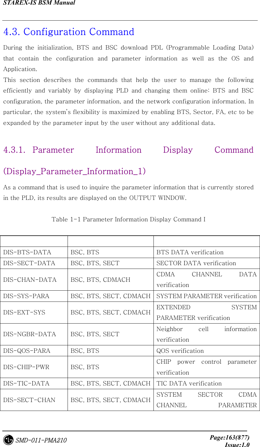 STAREX-IS BSM Manual     Page:163(877)Issue:1.0SMD-011-PMA210 4.3. Configuration Command During the initialization, BTS and BSC download PDL (Programmable  Loading  Data) that  contain  the  configuration  and  parameter  information  as  well as the OS and Application.   This  section  describes  the  commands  that  help  the  user  to  manage  the  following efficiently and variably by displaying PLD and changing them online:  BTS  and  BSC configuration, the parameter information, and the network configuration information. In particular, the system’s flexibility is maximized by enabling BTS, Sector, FA, etc to be expanded by the parameter input by the user without any additional data.    4.3.1.   Parameter  Information  Display  Command (Display_Parameter_Information_1) As a command that is used to inquire the parameter information that is currently stored in the PLD, its results are displayed on the OUTPUT WINDOW.  Table 1-1 Parameter Information Display Command I      DIS-BTS-DATA  BSC, BTS  BTS DATA verification   DIS-SECT-DATA  BSC, BTS, SECT  SECTOR DATA verification   DIS-CHAN-DATA  BSC, BTS, CDMACH  CDMA  CHANNEL  DATA verification DIS-SYS-PARA  BSC, BTS, SECT, CDMACH  SYSTEM PARAMETER verification DIS-EXT-SYS  BSC, BTS, SECT, CDMACH  EXTENDED  SYSTEM PARAMETER verification   DIS-NGBR-DATA  BSC, BTS, SECT  Neighbor  cell  information verification DIS-QOS-PARA  BSC, BTS  QOS verification DIS-CHIP-PWR  BSC, BTS  CHIP  power  control  parameter verification   DIS-TIC-DATA  BSC, BTS, SECT, CDMACH  TIC DATA verification DIS-SECT-CHAN  BSC, BTS, SECT, CDMACH  SYSTEM  SECTOR  CDMA CHANNEL  PARAMETER 