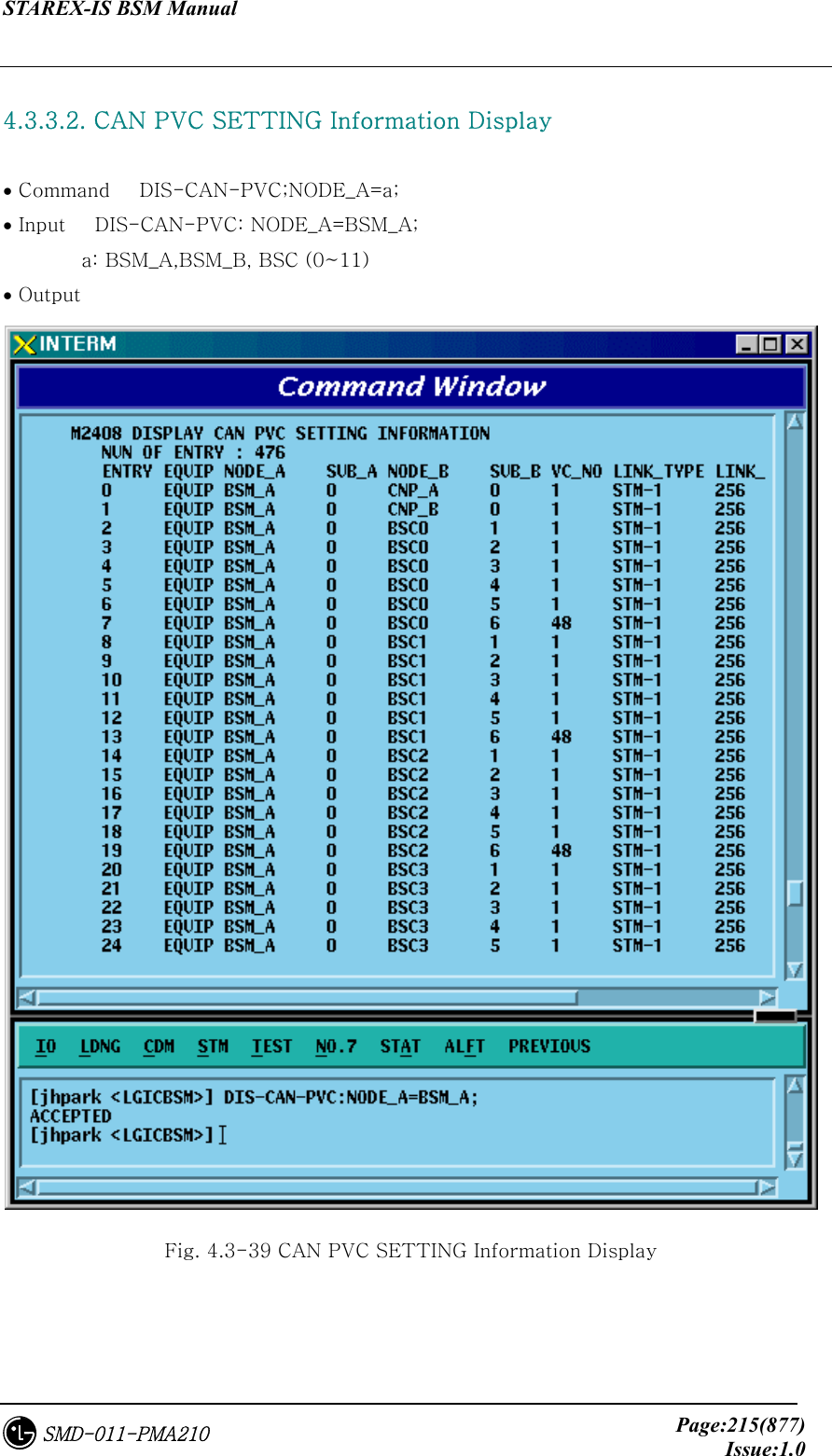 STAREX-IS BSM Manual     Page:215(877)Issue:1.0SMD-011-PMA210  4.3.3.2. CAN PVC SETTING Information Display  • Command   DIS-CAN-PVC;NODE_A=a; • Input   DIS-CAN-PVC: NODE_A=BSM_A;         a: BSM_A,BSM_B, BSC (0~11) • Output  Fig. 4.3-39 CAN PVC SETTING Information Display 