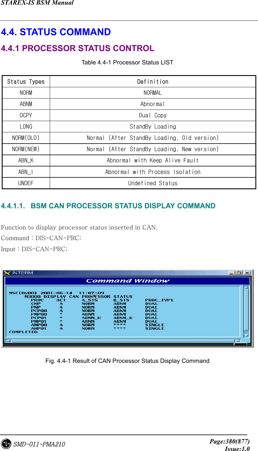 STAREX-IS BSM Manual     Page:380(877)Issue:1.0SMD-011-PMA210 4.4. STATUS COMMAND 4.4.1 PROCESSOR STATUS CONTROL Table 4.4-1 Processor Status LIST Status Types  Definition NORM  NORMAL ABNM  Abnormal DCPY  Dual Copy LDNG  StandBy Loading NORM(OLD)  Normal (After StandBy Loading, Old version) NORM(NEW)  Normal (After StandBy Loading, New version) ABN_K  Abnormal with Keep Alive Fault ABN_I  Abnormal with Process Isolation UNDEF  Undefined Status  4.4.1.1.   BSM CAN PROCESSOR STATUS DISPLAY COMMAND  Function to display processor status inserted in CAN. Command : DIS-CAN-PRC; Input : DIS-CAN-PRC;   Fig. 4.4-1 Result of CAN Processor Status Display Command       
