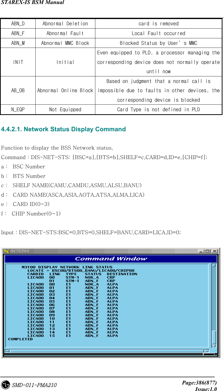STAREX-IS BSM Manual     Page:386(877)Issue:1.0SMD-011-PMA210 ABN_D  Abnormal Deletion  card is removed ABN_F  Abnormal Fault  Local Fault occurred ABN_M  Abnormal MMC Block  Blocked Status by User’s MMC  INIT  Initial Even equipped to PLD, a processor managing the corresponding device does not normally operate until now AB_OB  Abnormal Online Block Based on judgment that a normal call is impossible due to faults in other devices, the corresponding device is blocked  N_EQP  Not Equipped  Card Type is not defined in PLD  4.4.2.1. Network Status Display Command  Function to display the BSS Network status. Command : DIS-NET-STS: [BSC=a],[BTS=b],SHELF=c,CARD=d,ID=e,[CHIP=f]; a :  BSC Number b :    BTS Number c :    SHELF NAME(CAMU,CAMDU,ASMU,ALSU,BANU) d :    CARD NAME(ASCA,ASIA,AOTA,ATSA,ALMA,LICA) e :    CARD ID(0~3) f :    CHIP Number(0~1)  Input : DIS-NET-STS:BSC=0,BTS=0,SHELF=BANU,CARD=LICA,ID=0;   