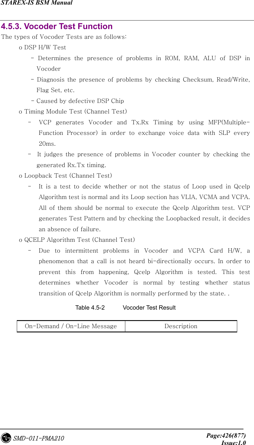 STAREX-IS BSM Manual     Page:426(877)Issue:1.0SMD-011-PMA210 4.5.3. Vocoder Test Function The types of Vocoder Tests are as follows:       o DSP H/W Test            -  Determines  the  presence  of  problems  in  ROM,  RAM,  ALU  of  DSP  in Vocoder             - Diagnosis the presence of problems by checking Checksum,  Read/Write, Flag Set, etc.           - Caused by defective DSP Chip o Timing Module Test (Channel Test) -  VCP generates Vocoder and Tx.Rx Timing by using MFP(Multiple-Function Processor) in order to exchange voice data with SLP every 20ms.            -  It judges the presence of problems in Vocoder counter  by  checking  the generated Rx.Tx timing.       o Loopback Test (Channel Test) -  It is a test to decide whether or not the status of Loop used in  Qcelp Algorithm test is normal and its Loop section has VLIA, VCMA and VCPA. All  of them  should  be  normal  to  execute the  Qcelp  Algorithm test.  VCP generates Test Pattern and by checking the Loopbacked result, it decides an absence of failure.       o QCELP Algorithm Test (Channel Test) -  Due to intermittent problems in Vocoder and VCPA Card H/W, a phenomenon that a call is not heard bi-directionally occurs. In order to prevent this from happening, Qcelp Algorithm is tested. This test determines  whether  Vocoder  is  normal  by  testing  whether  status transition of Qcelp Algorithm is normally performed by the state. .   Table 4.5-2  Vocoder Test Result On-Demand / On-Line Message  Description 