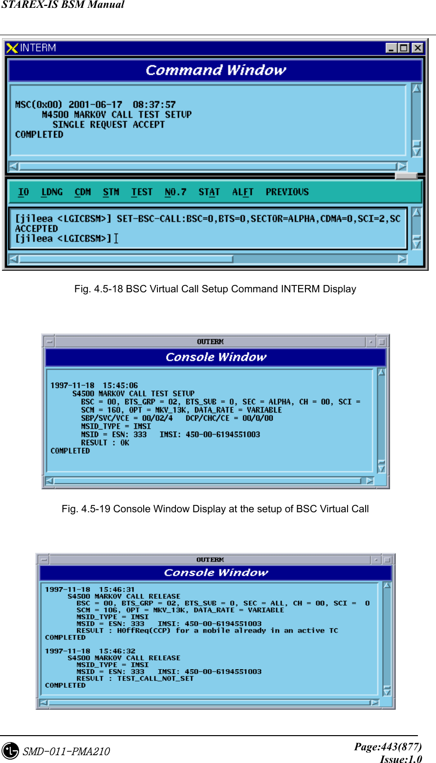 STAREX-IS BSM Manual     Page:443(877)Issue:1.0SMD-011-PMA210  Fig. 4.5-18 BSC Virtual Call Setup Command INTERM Display   Fig. 4.5-19 Console Window Display at the setup of BSC Virtual Call     