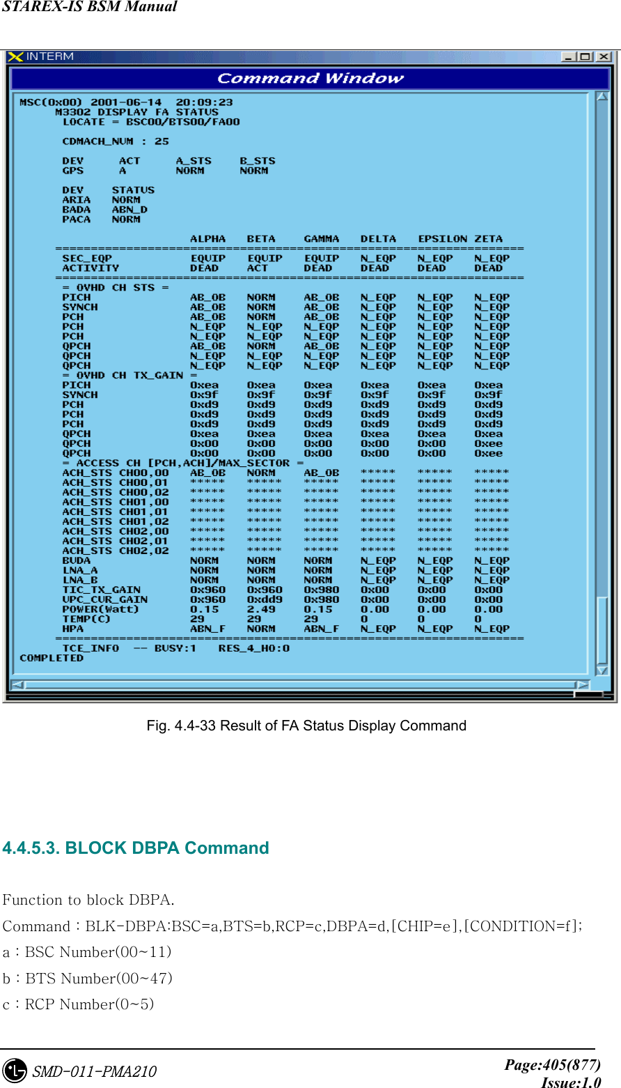 STAREX-IS BSM Manual     Page:405(877)Issue:1.0SMD-011-PMA210  Fig. 4.4-33 Result of FA Status Display Command    4.4.5.3. BLOCK DBPA Command  Function to block DBPA. Command : BLK-DBPA:BSC=a,BTS=b,RCP=c,DBPA=d,[CHIP=e],[CONDITION=f]; a : BSC Number(00~11) b : BTS Number(00~47) c : RCP Number(0~5) 