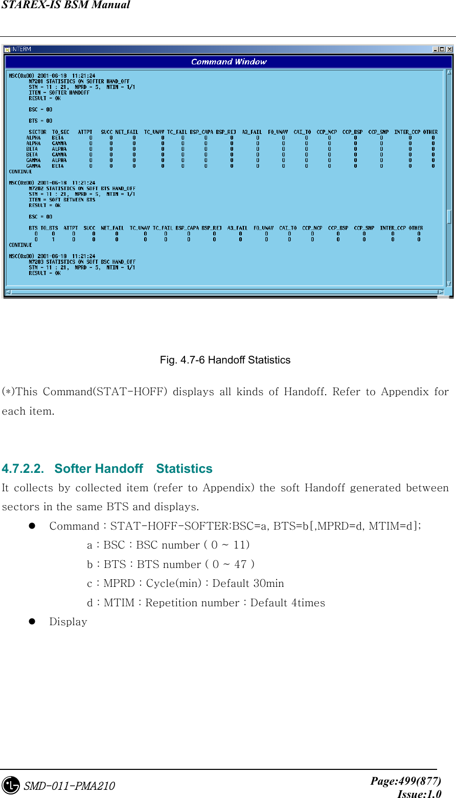 STAREX-IS BSM Manual     Page:499(877)Issue:1.0SMD-011-PMA210   Fig. 4.7-6 Handoff Statistics (*)This  Command(STAT-HOFF)  displays all kinds of Handoff. Refer to Appendix for each item.   4.7.2.2.  Softer Handoff  Statistics It collects by collected item (refer to Appendix) the soft Handoff  generated  between sectors in the same BTS and displays.   Command : STAT-HOFF-SOFTER:BSC=a, BTS=b[,MPRD=d, MTIM=d];     a : BSC : BSC number ( 0 ~ 11)     b : BTS : BTS number ( 0 ~ 47 )     c : MPRD : Cycle(min) : Default 30min     d : MTIM : Repetition number : Default 4times   Display 